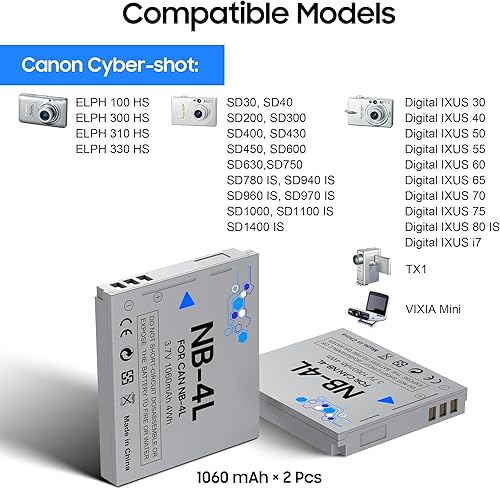 Miniatura 2 de Batería NB-4L (Paquete de 2) y Cargador USB de 2 Canales para Canon PowerShot ELPH 100 HS, 300 HS, 310 HS, 330 HS, SD1000, SD1100 IS, SD1400 IS,