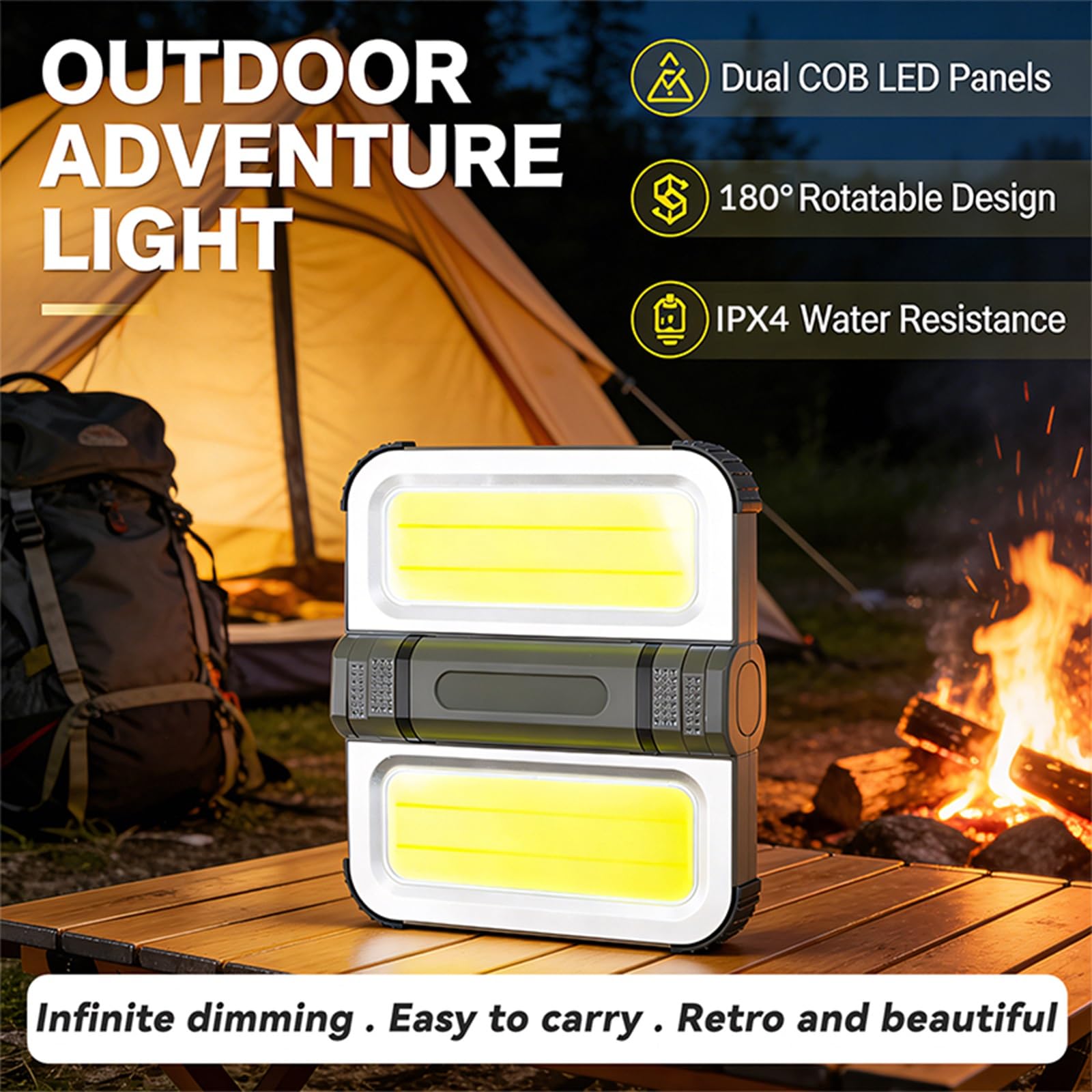 Lampe de Camping LED Pliable, Lanterne Multifonctionnelle, Rechargeable Par USB et Énergie Solaire, Intensité Réglable, Socle Magnétique, Étanche