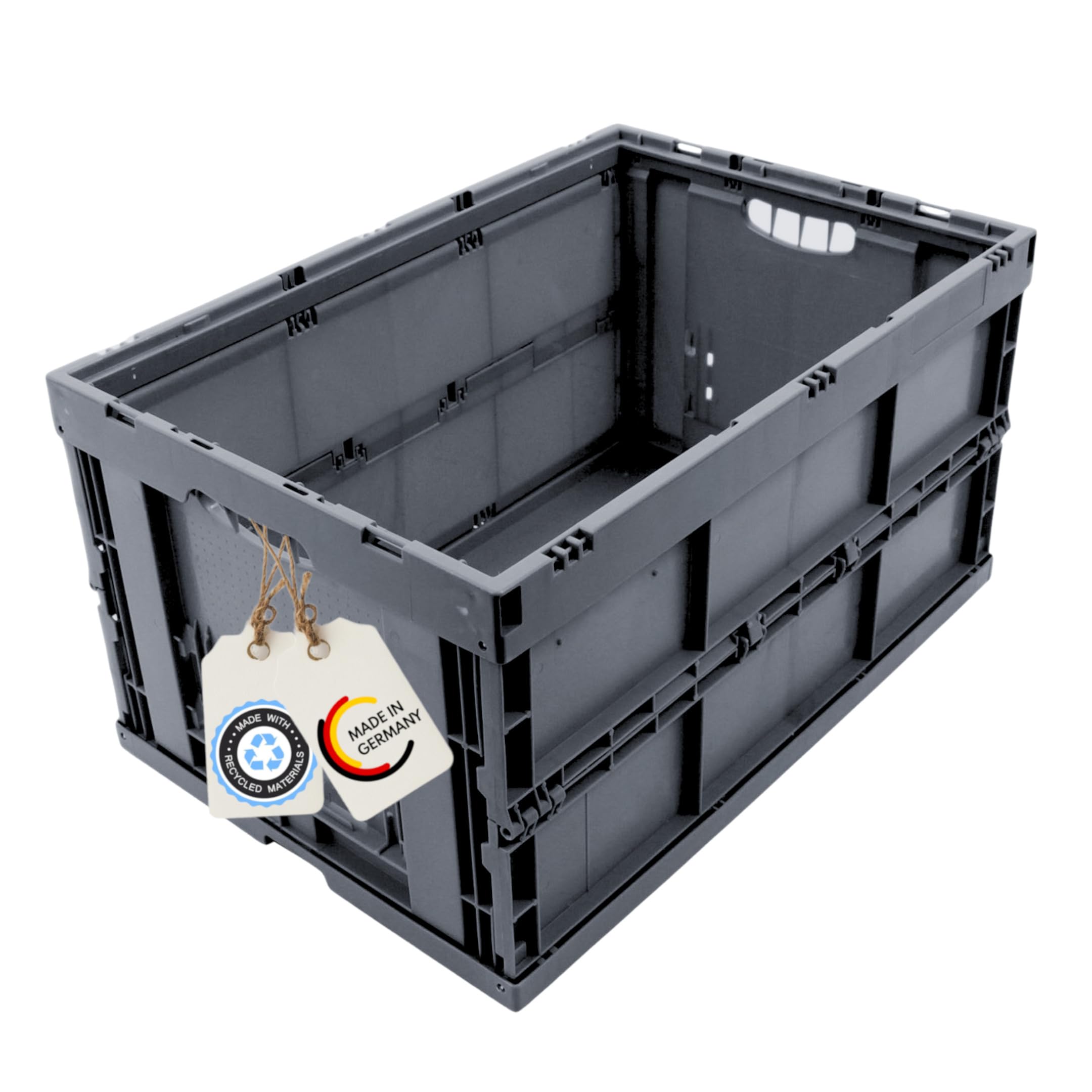 Klappbox stabil faltbar, Klappkiste groß 60L, Made in Germany, TÜV zert., Transportkiste klappbar, Faltbox mit Griff, 60x40x32 cm, Traglast bis 50kg, Grau