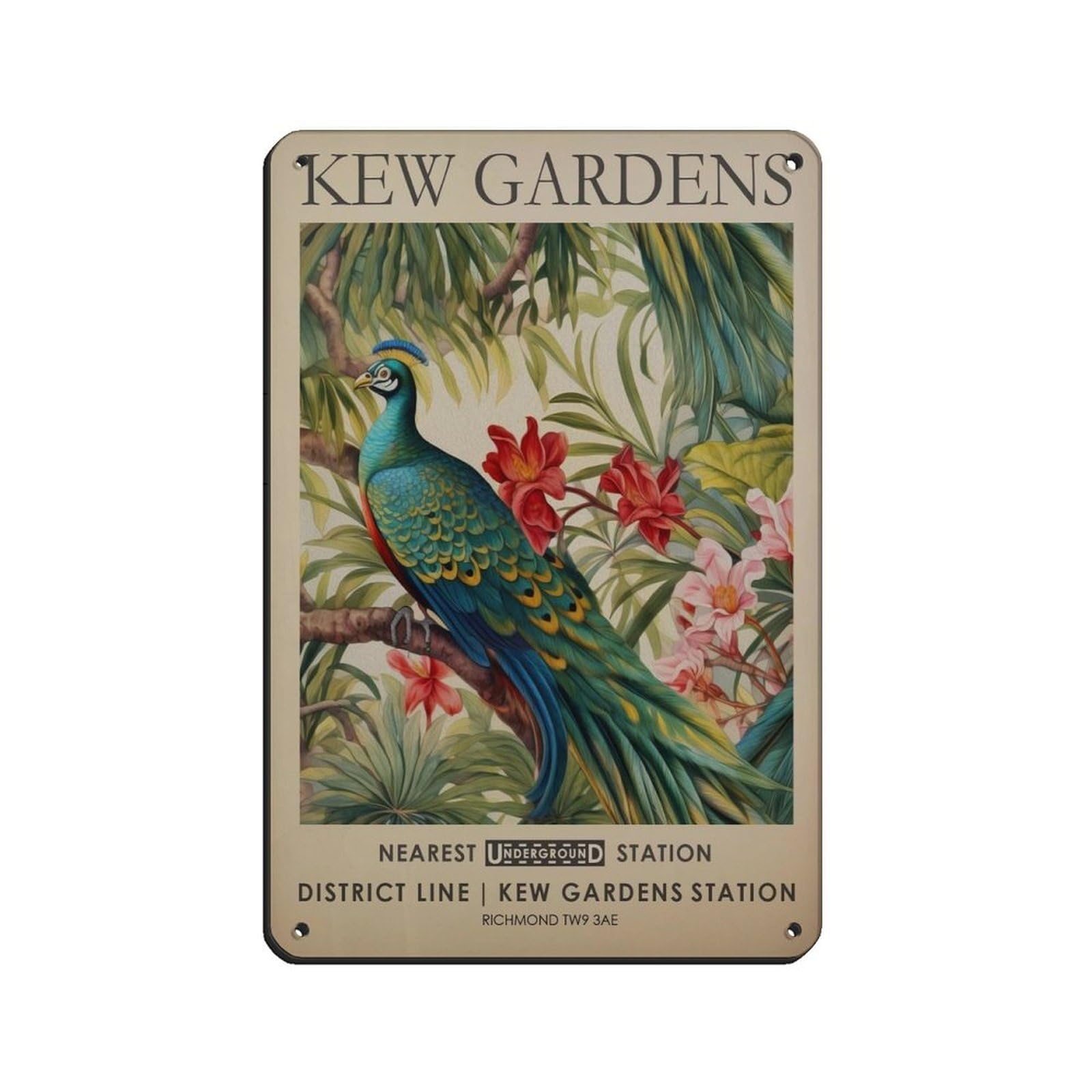 Kew Gardens, Peacock And Floral, Tropical Floral Art Retro Poster Metal Tin Sign Chic Art Retro Iron Painting Bar People Cave Cafe Family Garage Poster Wall Decoration 8x12inch(20x30cm)