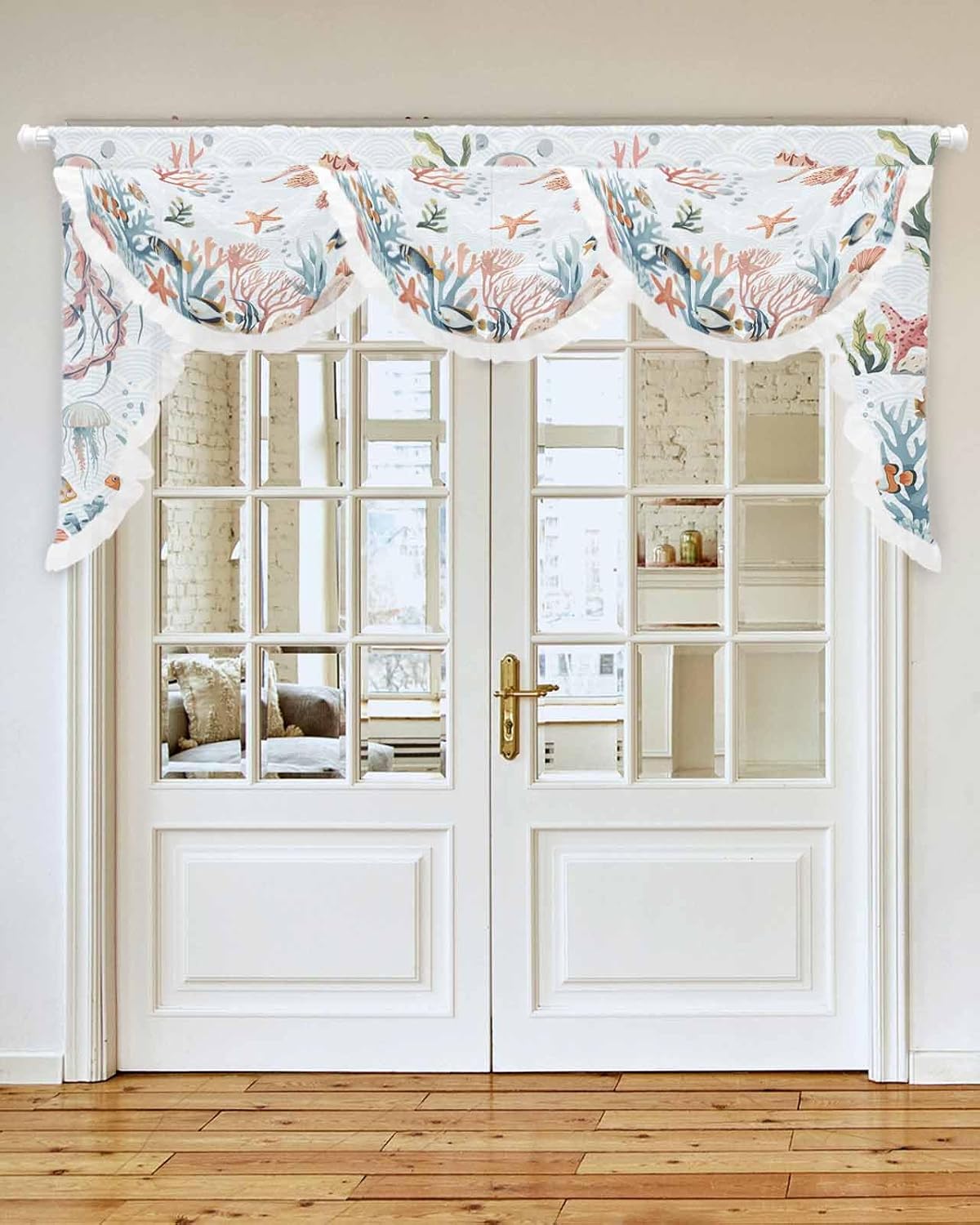 Waterfall Sheer Curtains Valance for Windows, Summer Nautical Swag Valances for Living Room, Seahorse Seashell Coral Starfish Rod Pocket Voile Ruffle Waterfall Valance for Bedroom, 78.74x41.3 Inch