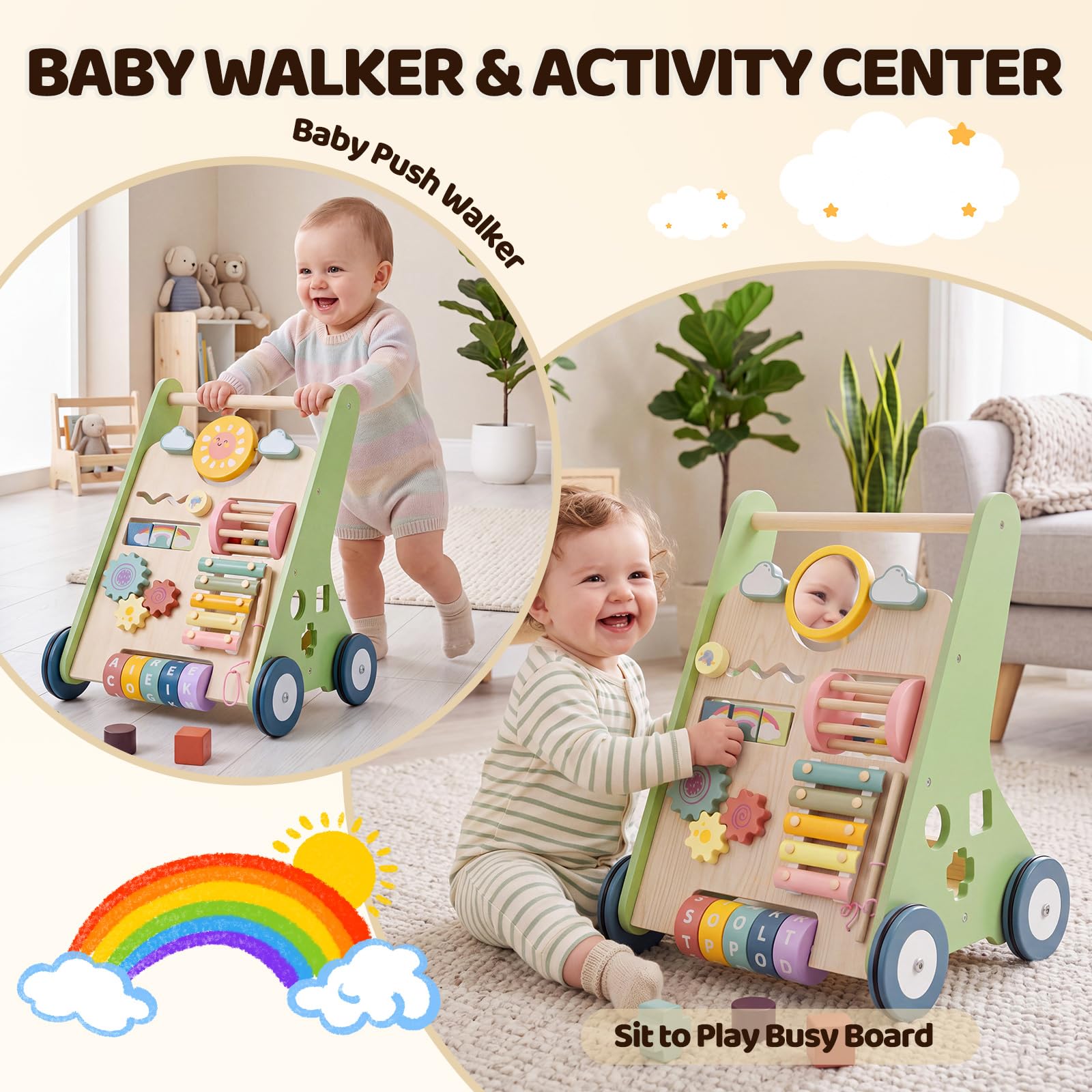 Green Montessori Walker z drewna, zabawka Baby Walker z regulowaną prędkością