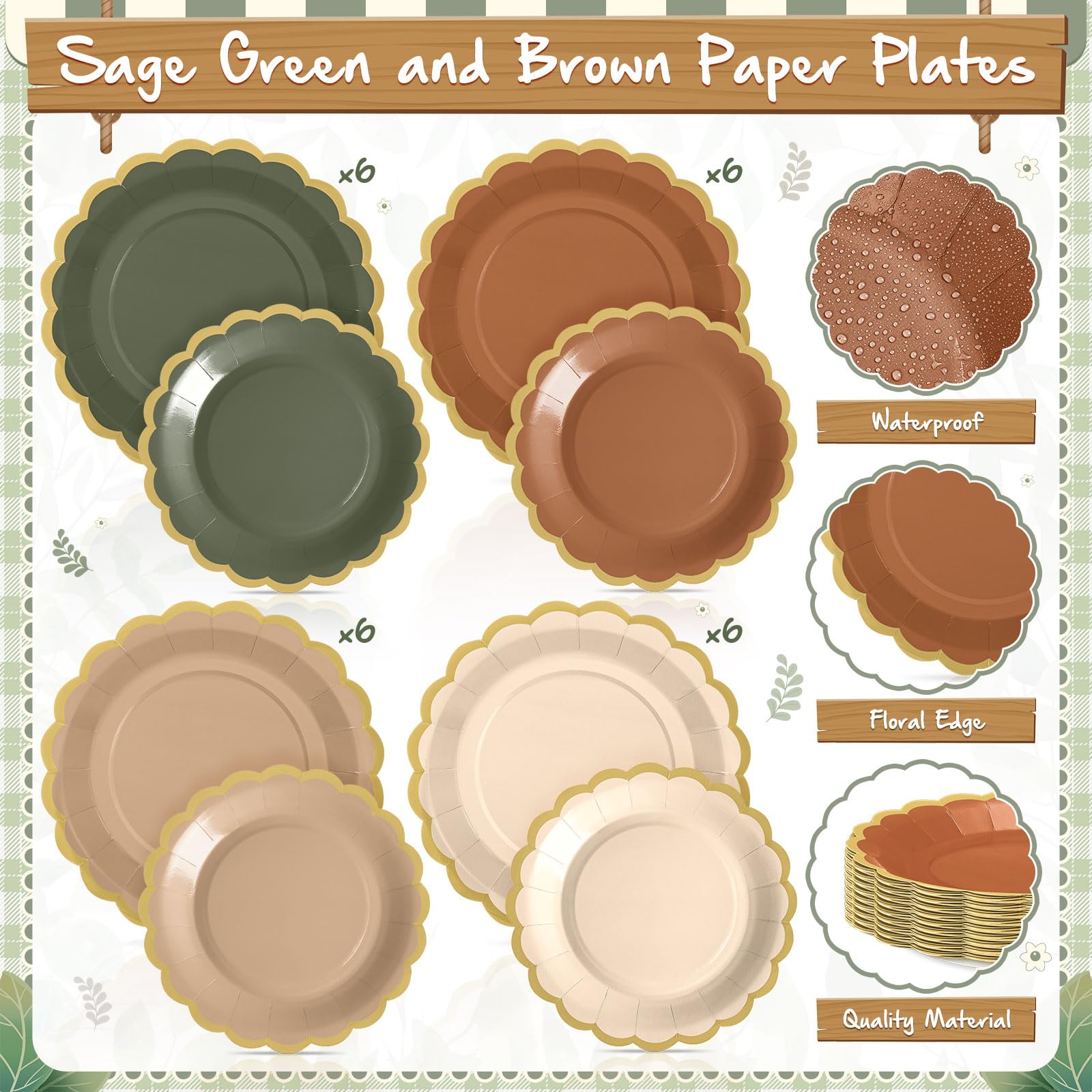 Mimorou Lot de 169 assiettes et serviettes de table vert sauge et marron - Fournitures de fête pour invités - Assiettes festonnées - Serviettes en papier, gobelet, cuillère, fourchette, couteau pour