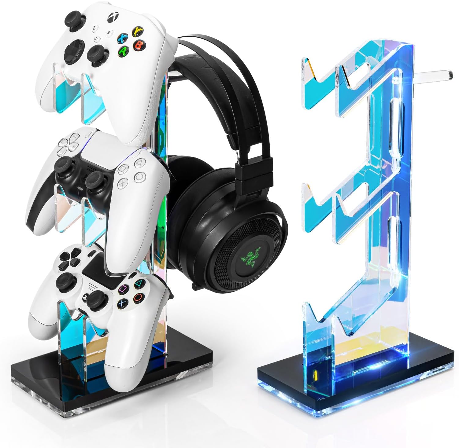 Controller Holder Headset Stand with Lights, 3 Tier Acrylic Gaming Controller Stand Compatible with PS4, PS5, PC, Switch, Universal Design (Black)
