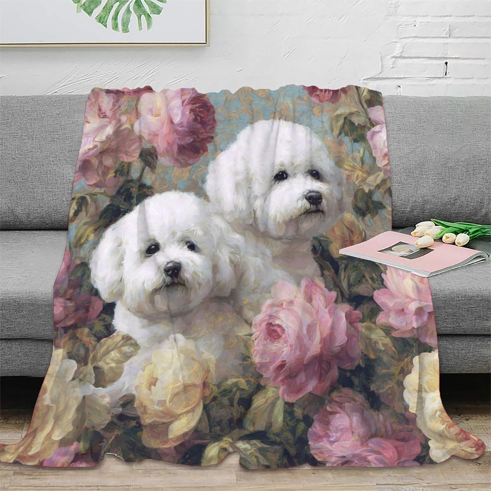 Phqazwsxe Men's Xu5ozpbfu68v 3D Printed Bichon Frise Dogs All Season Blanket Microfiber Warm Soft Bedding Cosy Vintage Floral Art Cozy Throw Blanket Machine Washable No Shedding For Wo Couples 40X50inch(100X130cm)