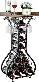 X-cosrack Freestanding Wine Rack for 14 Bottles - Mini Bar Table with Glass Holders & Wood Top for Home Bar Kitchen