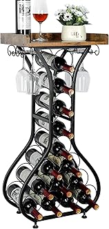 X-cosrack Wine Rack Freestanding Floor, Mini Bar Table Wine Holder Stand Liquor Cabinet with Glass Holder Wood Tabletop 14 Bottles Floor Wine Storage for Home Bar Kitchen Living Room (Patent Pending)