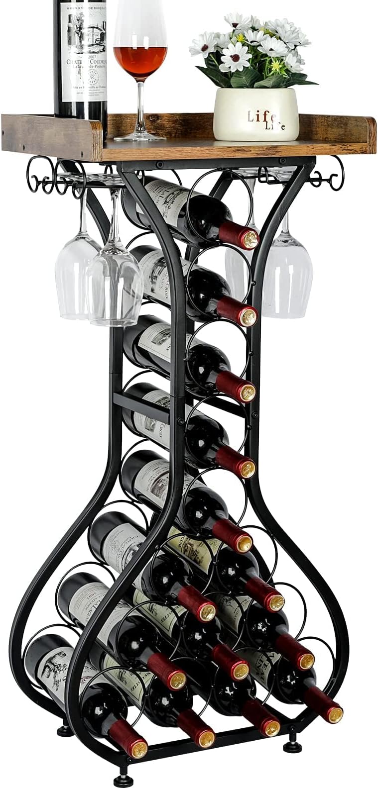 X-cosrack Wine Rack Freestanding Floor, Mini Bar Table Wine Holder Stand Liquor Cabinet with Glass Holder Wood Tabletop 14 Bottles Floor Wine Storage for Home Bar Kitchen Living Room