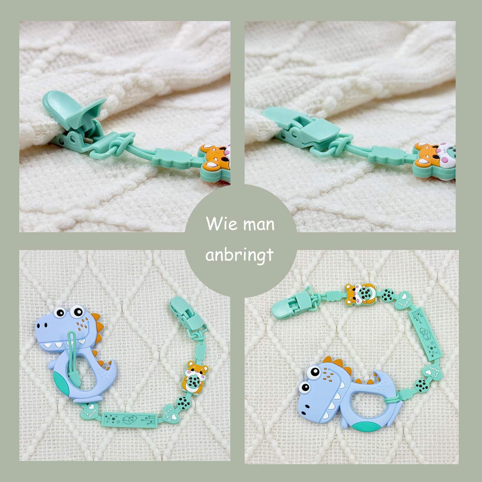 Catenella portaciuccio in silicone, 2 in 1 e design monoblocco, per neonati e ragazzi, senza BPA, confezione da 3 pezzi