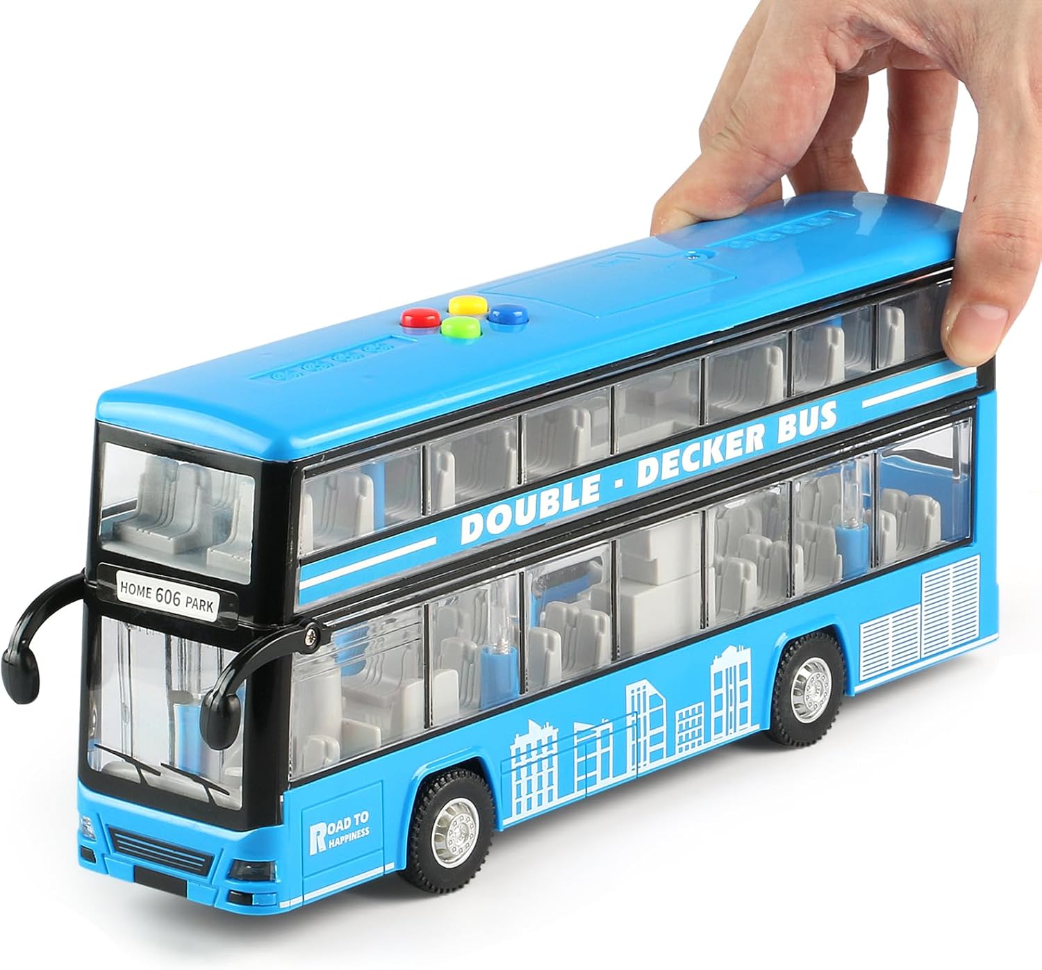 11"(28cm) Double Decker Bus Toy with Lights & Sounds, Scale(1:16) Friction Powered Bus Toy for Kids with Indoor Ceiling Lights and 4 Different Sounds - Gift for Kids Ages 3+ (Bule)