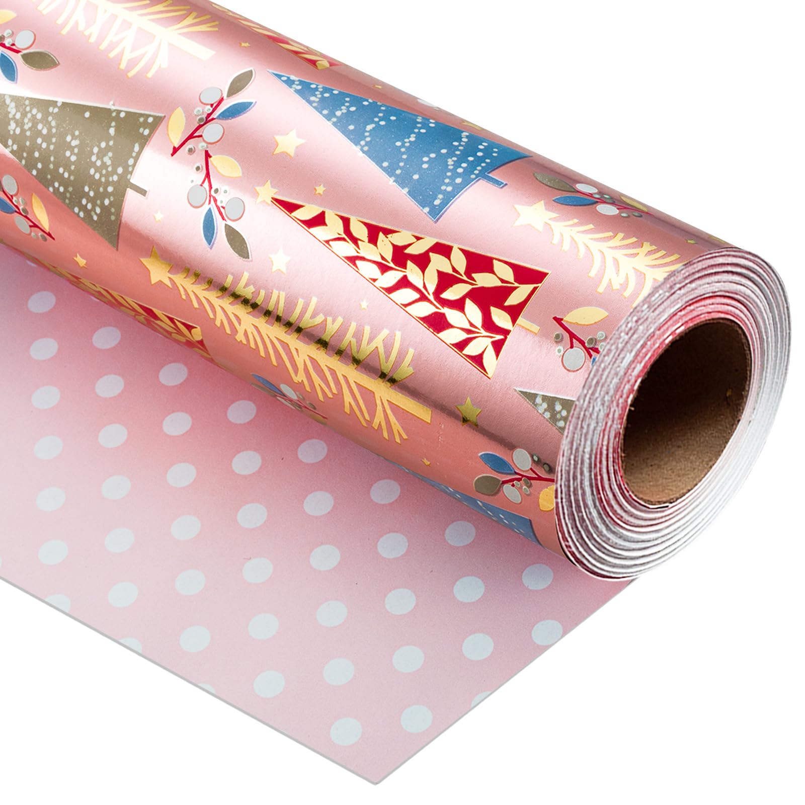 Yarcony Reversible Christmas Wrapping Paper Roll, Pink Gift Wrapping Paper, Metallic Foil Girly Pink Christmas Tree Theme Festive Holiday Gift Wrap for Winter Celebrations, Party(17Inch x 33Feet) â image 1