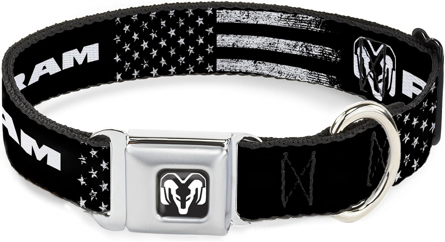 Dodge Pet Collar, Dog Collar Metal Seatbelt Buckle, Ram Text and Logo Americana Weathered Black White, 15 to 24 Inches 1.0 Inch Wide