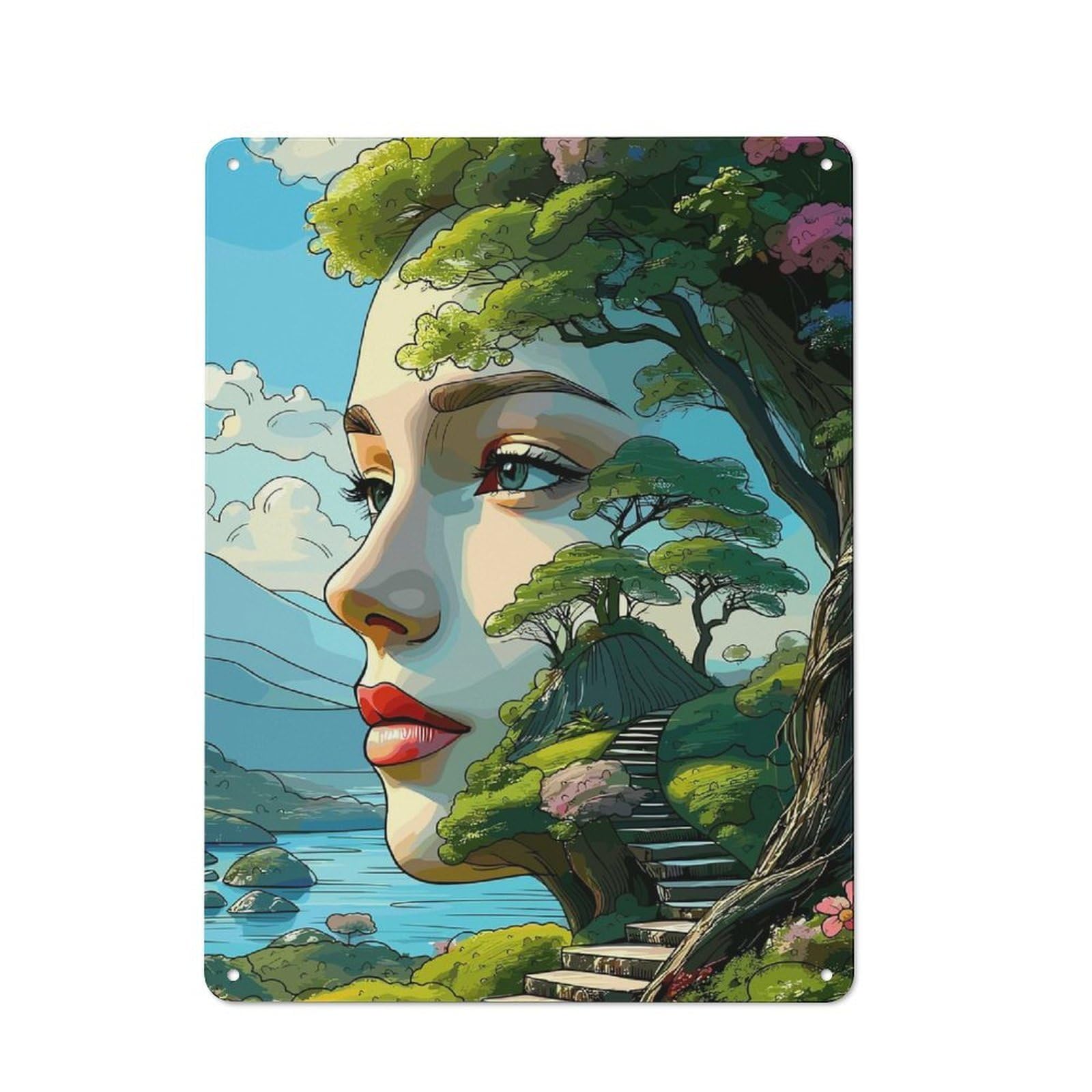Junmoney Nature Woman Portrait Country Metal Wall Decor 40X30cm, Country Metal Sign For Kitchen, Cottage, Porch Or Garden Room