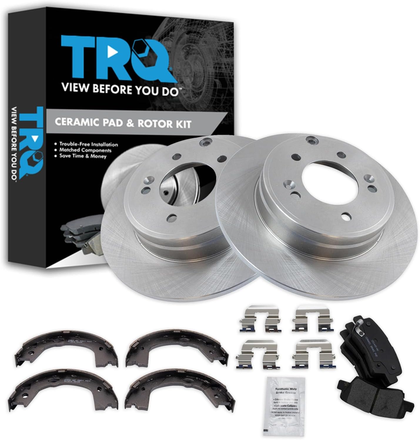 TRQ Rear Brake Pad & Rotor Kit Brake Pads Brake Rotor Parking Brake Shoe Set Ceramic Compatible with 2012-2017 Hyundai Azera 2011-2015 Sonata Kia Optima
