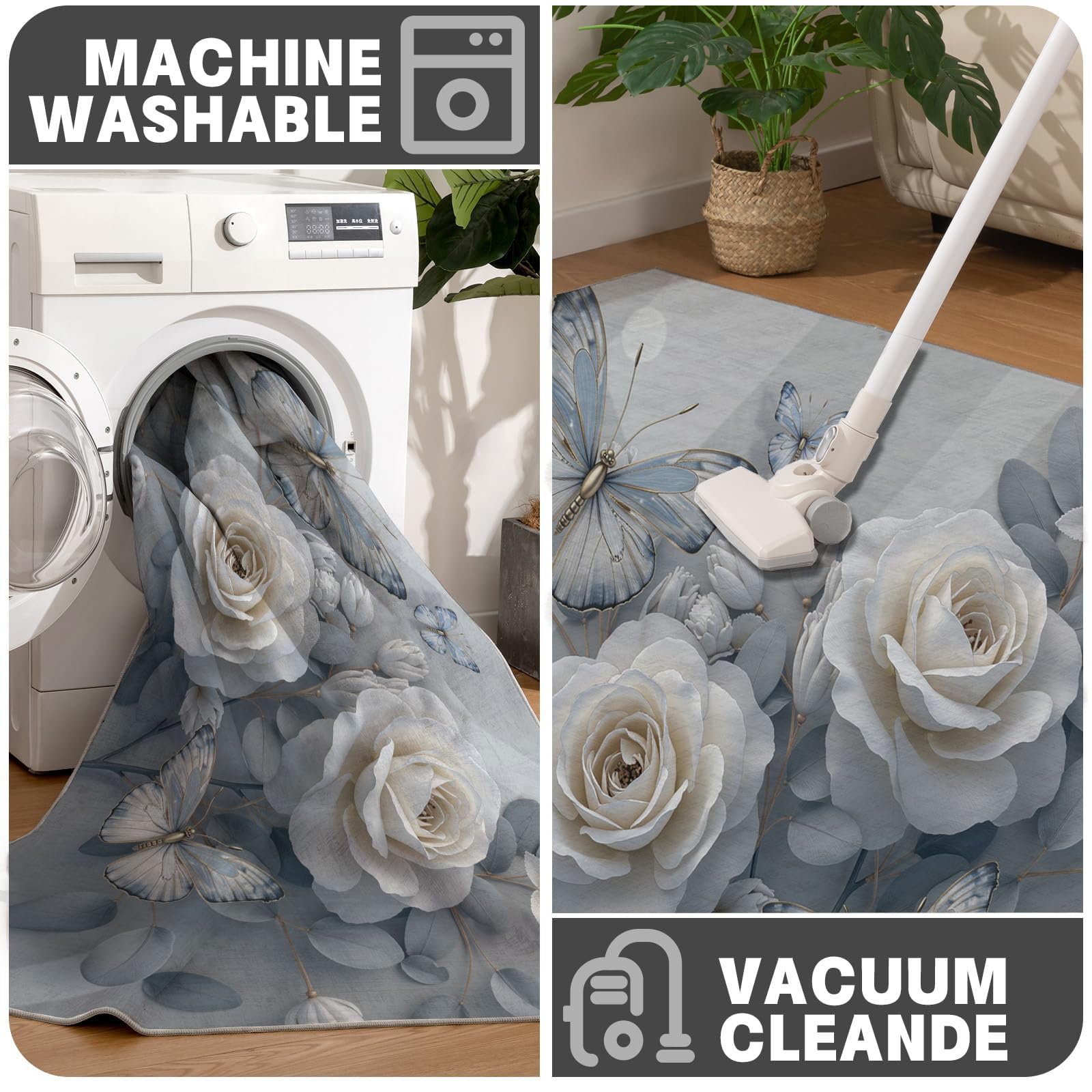 Tapis Entree Interieur Luxe Floral 80x120cm Lavable en Machine, paillasson AntidéRapant Poil Ras, Papillons Roses en Relief pour Chambre Salle a Manger Cuisine, Gris Bleu