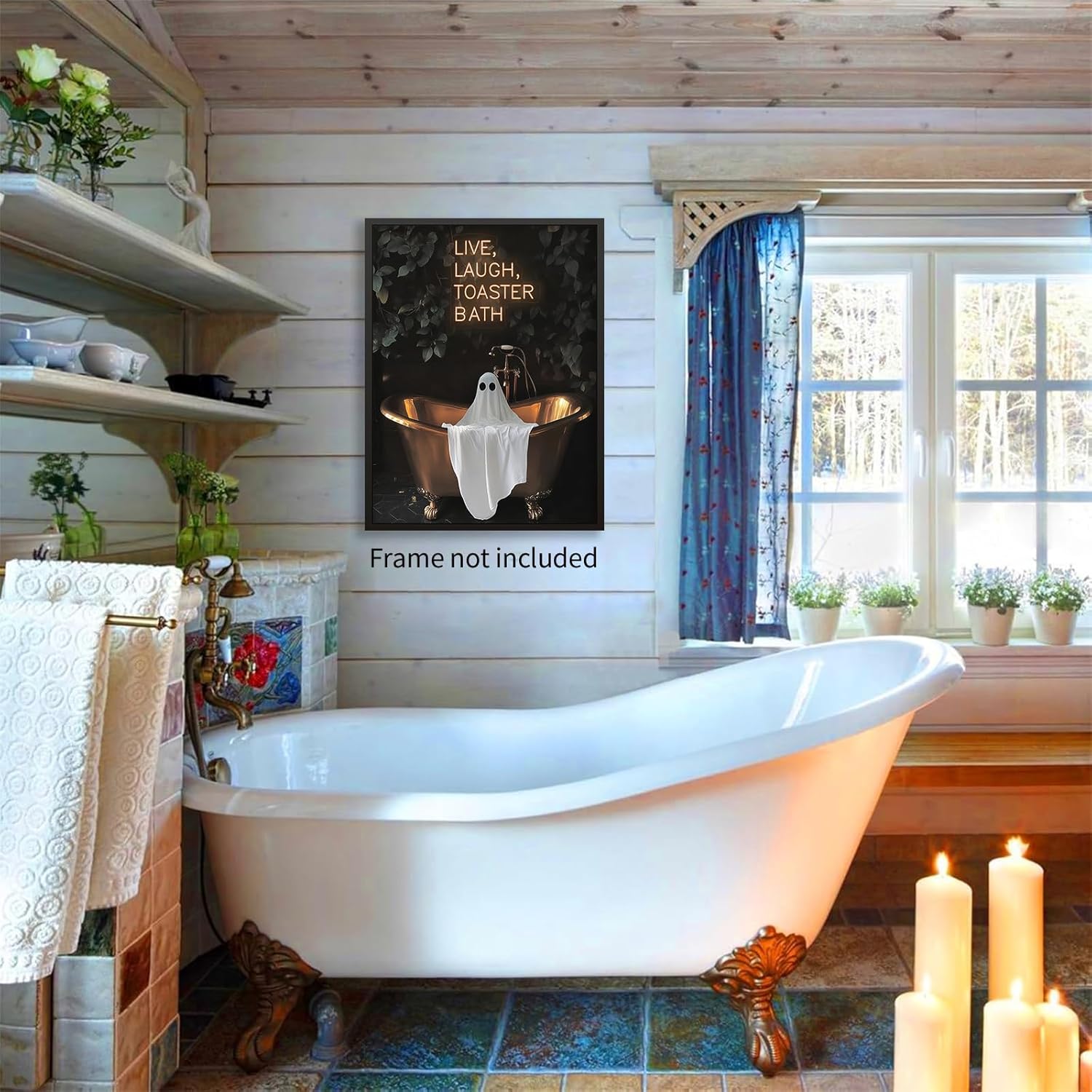 MWZUPQ Halloween Gothic Bath Ghost Poster Dark Horror Fun Bathtub Wall Art Live Laugh Toaster Ghost Canvas Prints for Bathroom Restroom Wall Decor 24X36 inch Unframed