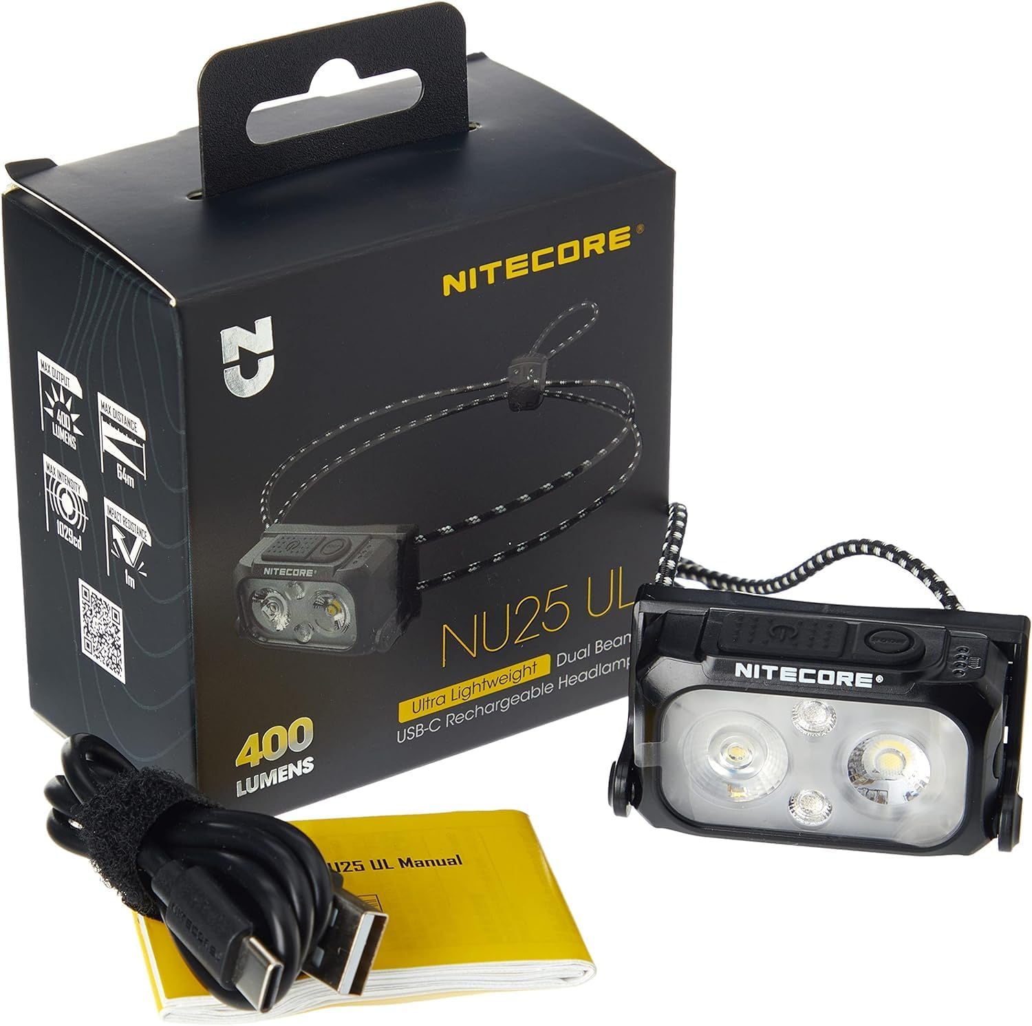 Nitecore NU25 UL LED Ultralight Rechargeable Headlamp, 650mAh Battery, White, 400 6952506407446