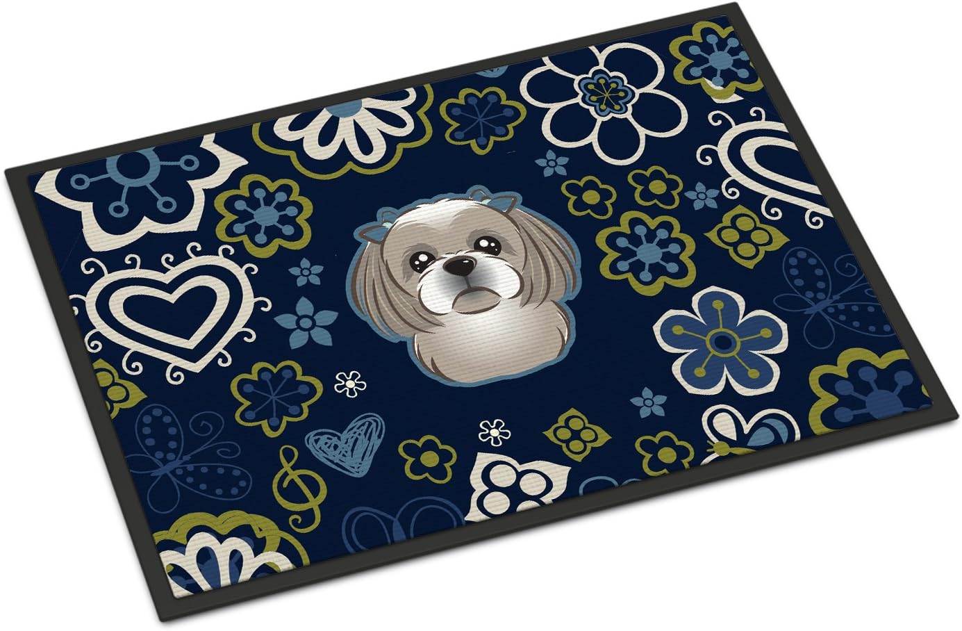 Caroline's Treasures BB5101MAT Blue Flowers Gray Silver Shih Tzu Doormat 18x27 Front Door Mat Indoor Outdoor Rugs for Entryway, Non Slip Washable Low Pile