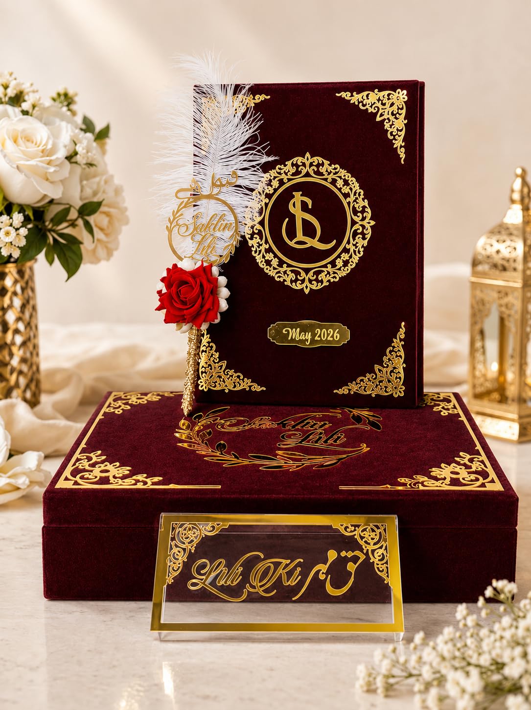 Luxury Personalized Nikah Gift Set | Nikah Nama, Signature Pen, Haq Mehr Box & Customized Velvet Storage Box-image-4