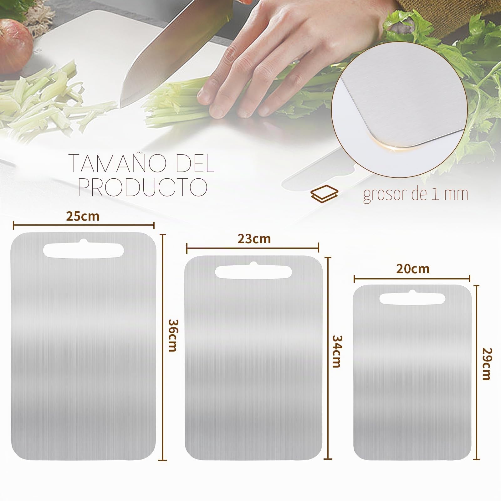 Juego de tres tablas de cortar de doble cara, tabla de cortar de acero inoxidable, tabla de cortar de acero inoxidable 304 para verduras, carne y frutas (L)