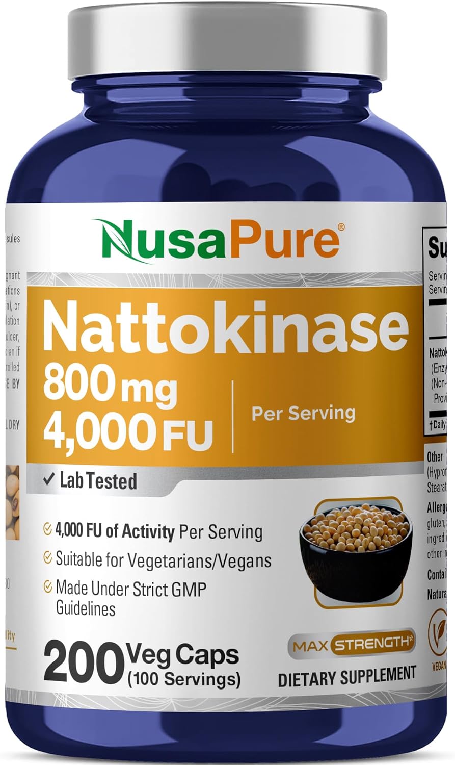 NusaPure Nattokinase 4000 FU 800mg, 200 Veggie Capsules (Vegan, Non-GMO)