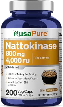NusaPure Nattokinase 4000 FU 800mg ، 200 كبسولة نباتية نباتية ، غير معدلة وراثيًا