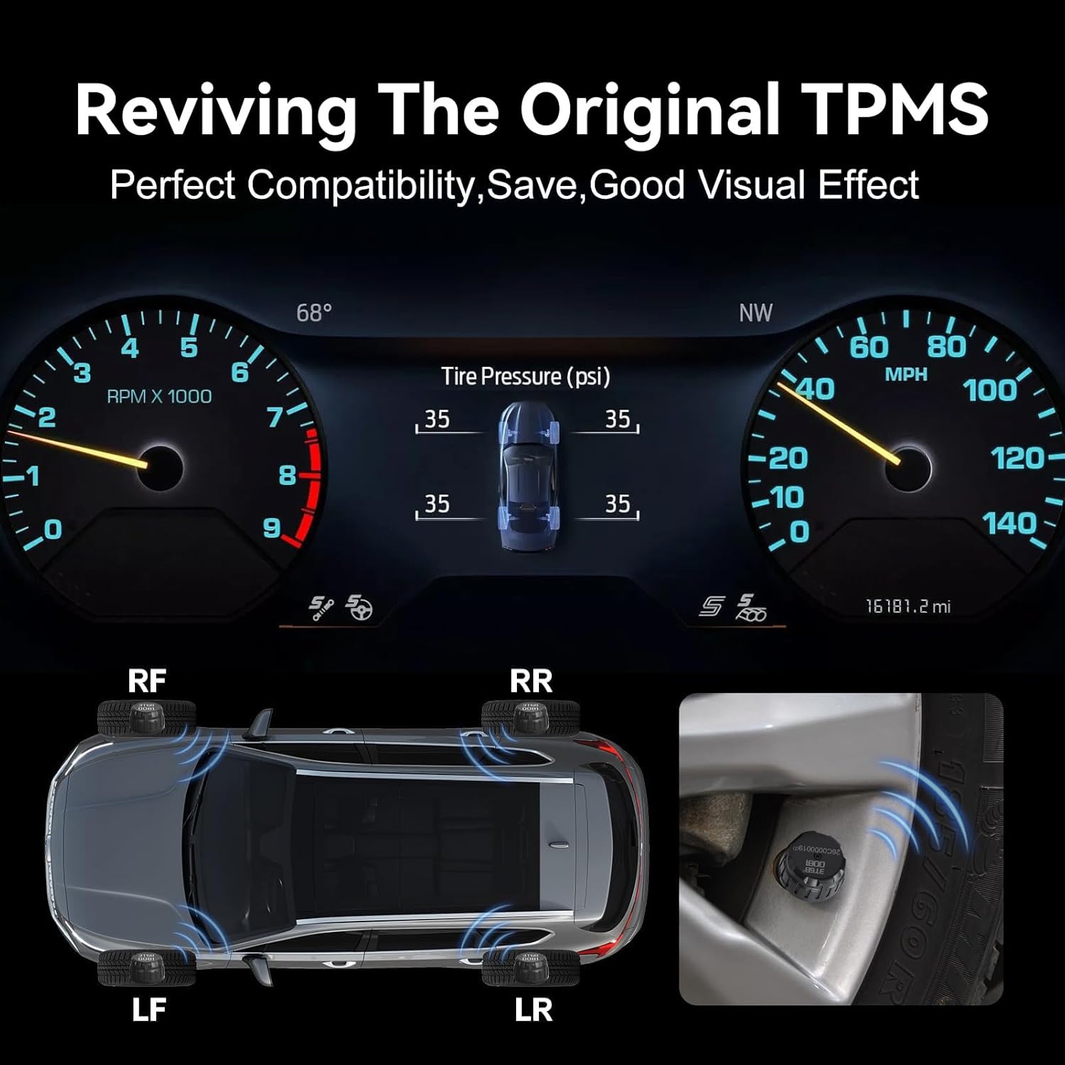 TPMS Sensor, 315Mhz Tpms Sensors Set of 4 Replacement for Chevy Chevrolet Silverado Cadillac Buick GMC Pontiac Saturn Suzuki Hummer,External Tire Pressure Sensor, Easy to Install