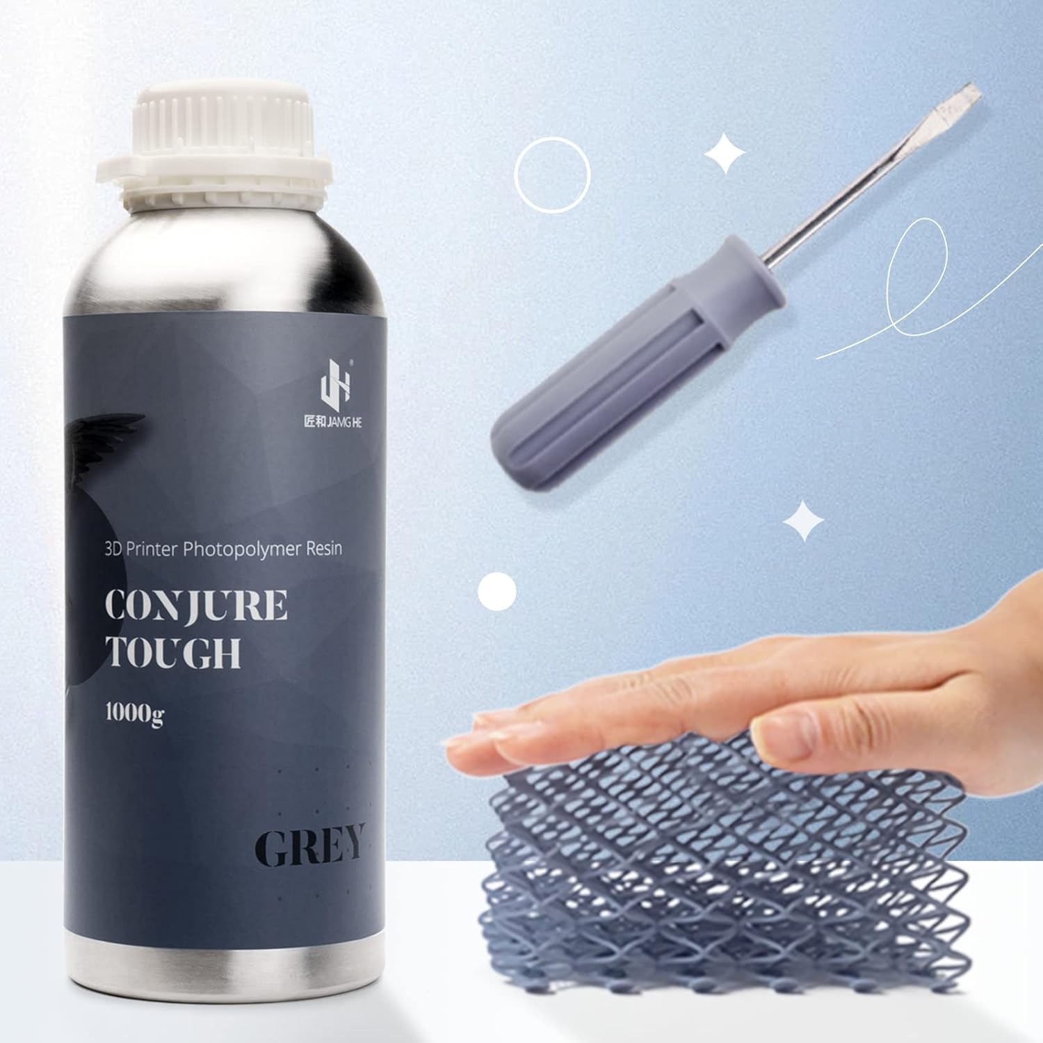 Chitu Systems Conjure Tough Resin 3D Printer Resin Non-Brittle and Durable,Highly Toughness Low Shrinkage 405nm UV-Curing Resin Standard Photopolymer Resin for DLP/LCD/mSLA 3D Printer (Grey, 1000g)