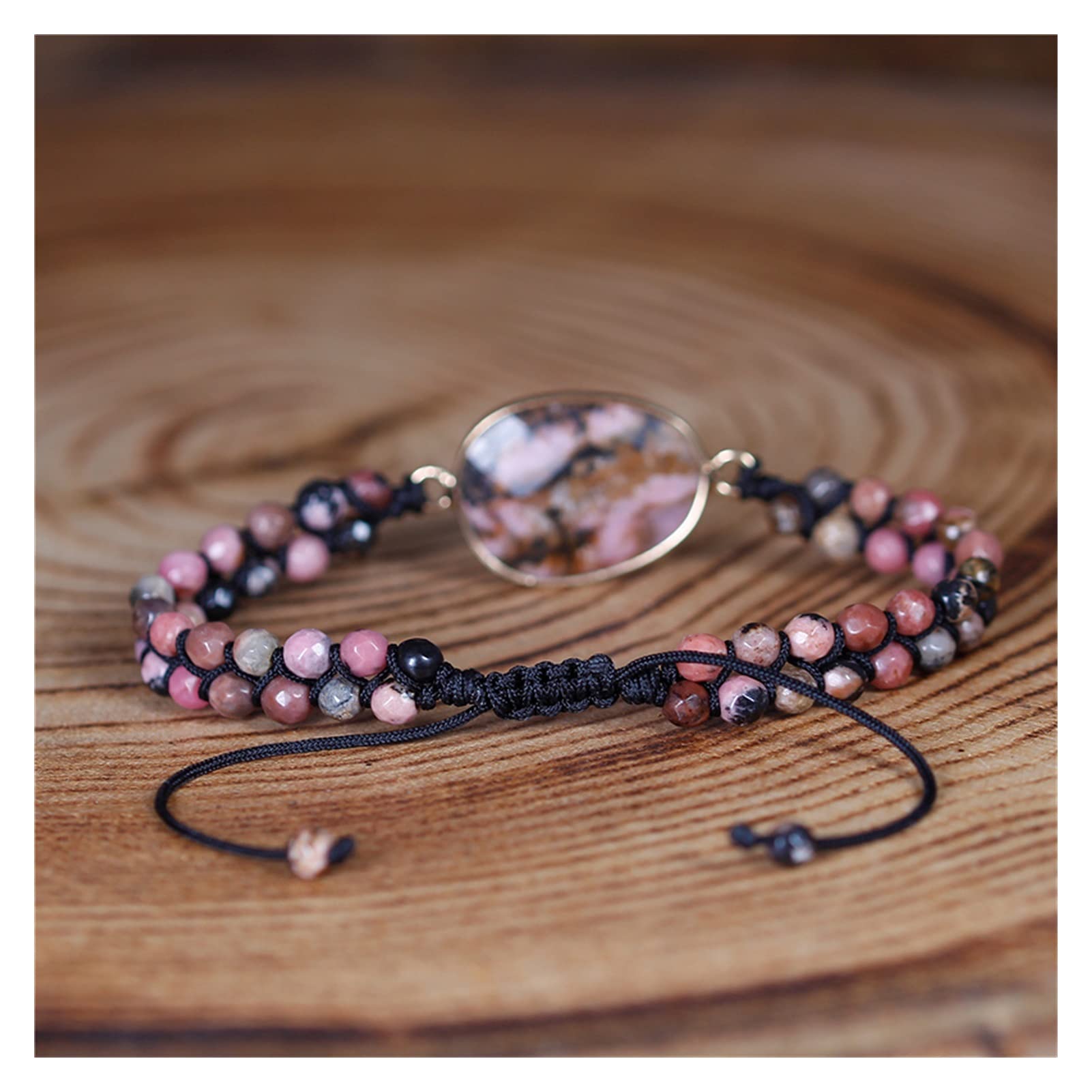 Pulseras Pulseras Pink y Negro Piedra Natural Trenzado Macrame Center Encanto Pulsera con Cuentas Pulsera de Mujer Joyería