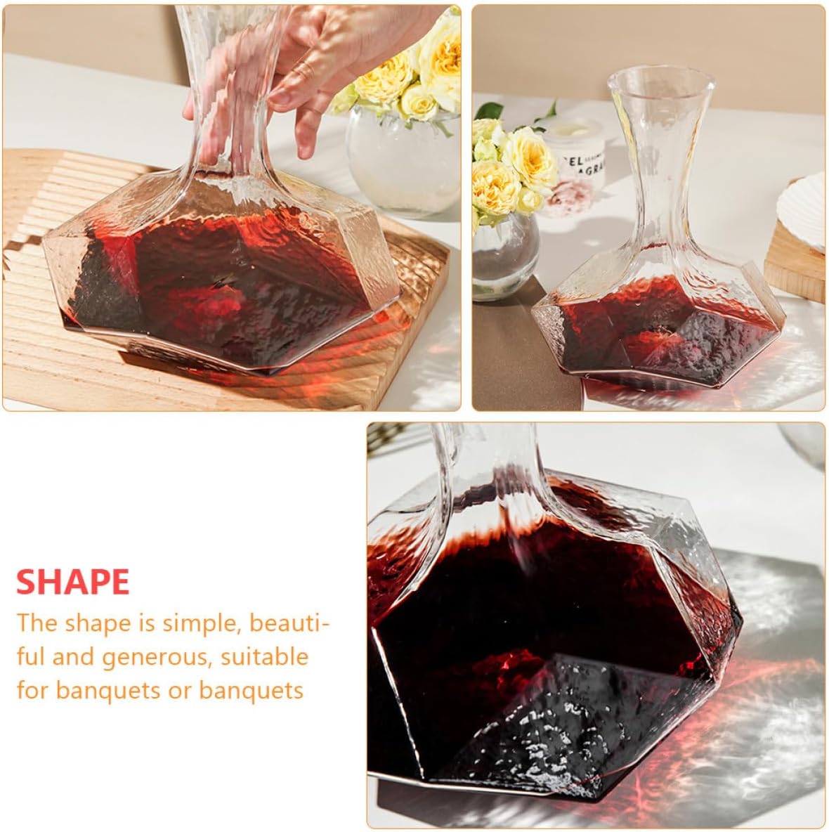 Glass Wine Decanter with Geometric Diamond Shape Large Inclined Mouth Glass Decanter for Household Use Suitable for Dining and Entertaining