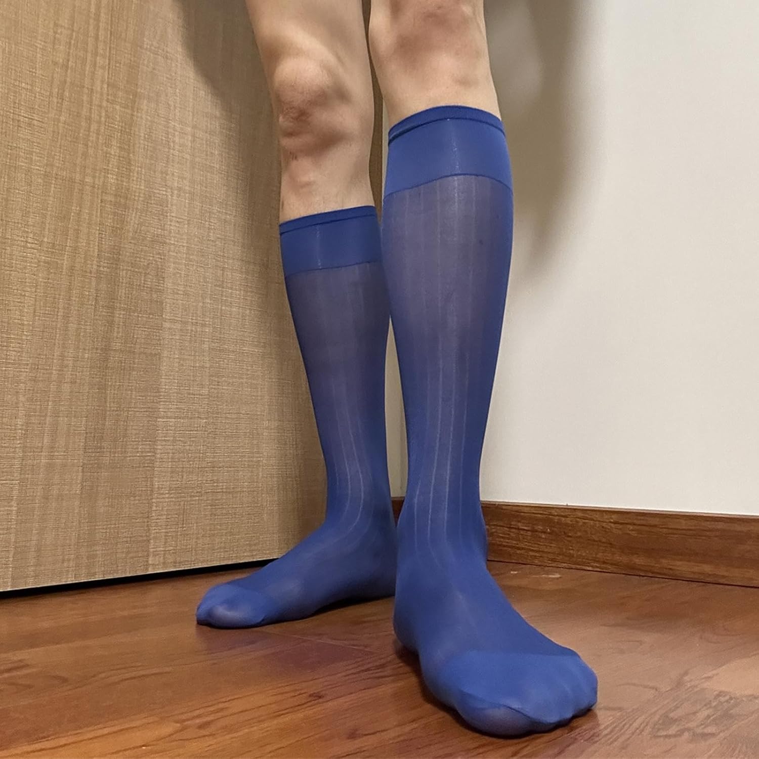 Mens Thin Dress Socks Silk Sheer Formal Business Socks Soft Over the Calf Suit Socks Wide Striped Long Stockings