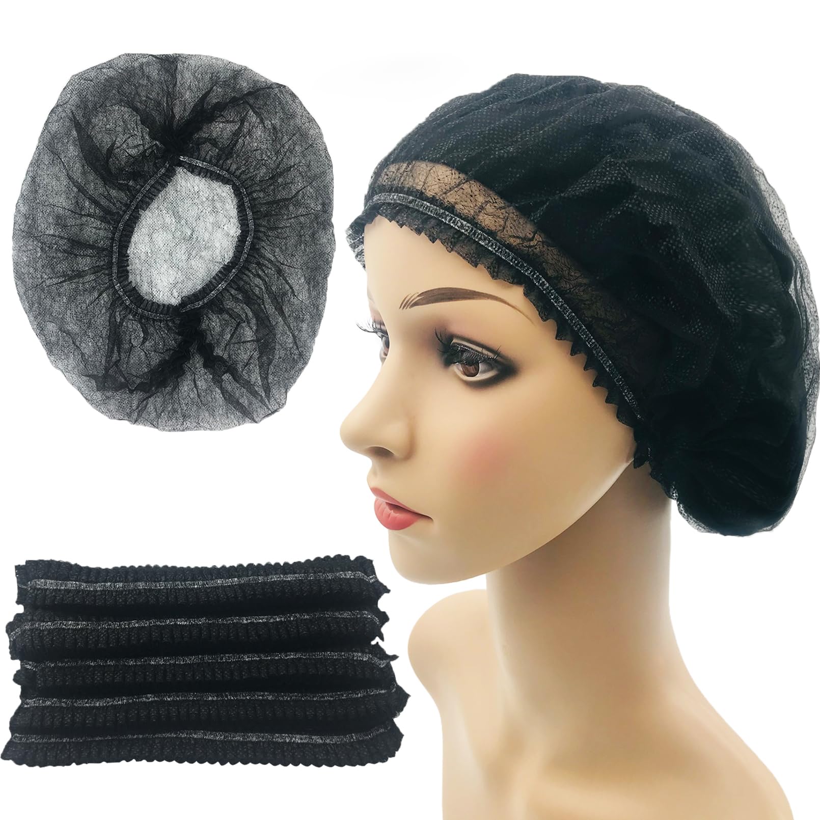 Lot de 100 filets à cheveux - 53,3 cm - En tissu jetable - Pour homme et femme - Avec bande élastique extensible - Noir