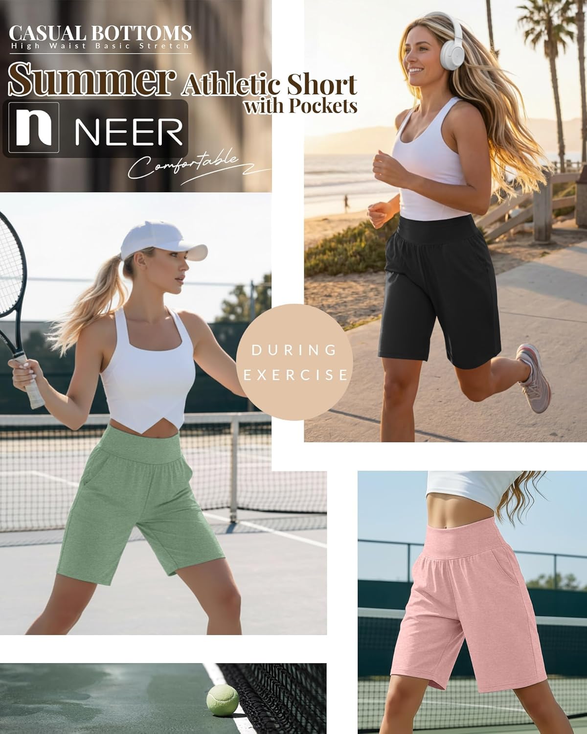 Neer 3 Pack Women's Bermuda Shorts, High Waist Basic Stretch Casual Bottoms Knee Length Summer Athletic Short with Pockets - Image 4