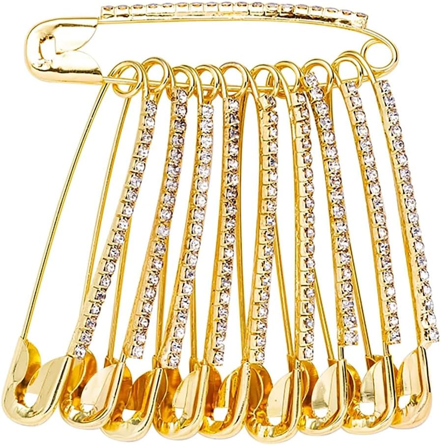 12pcs Rhinestone Safety Pins Gold Brooch，Sweater Shawl Clips Crystal Decorative Brooches Pins for Clothing，Sweater，Jean and Dress