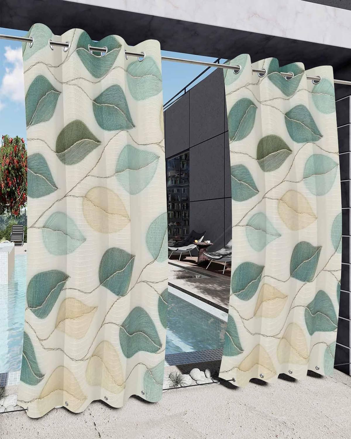 Outdoor Curtains for Patio, Teal Green Leaf Outside Curtain Top & Bottom with Grommets & Windproof Rope, Farmhouse Vintage Middle Century Textured Privacy Screen Drapes for Porch Gazebo, 54"x84"