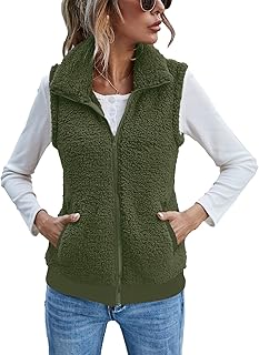Womens Fuzzy Fleece Vest, Casual Warm Sleeveless Zip Up Sherpa Vest Jacket with Pockets for Fall/Winter