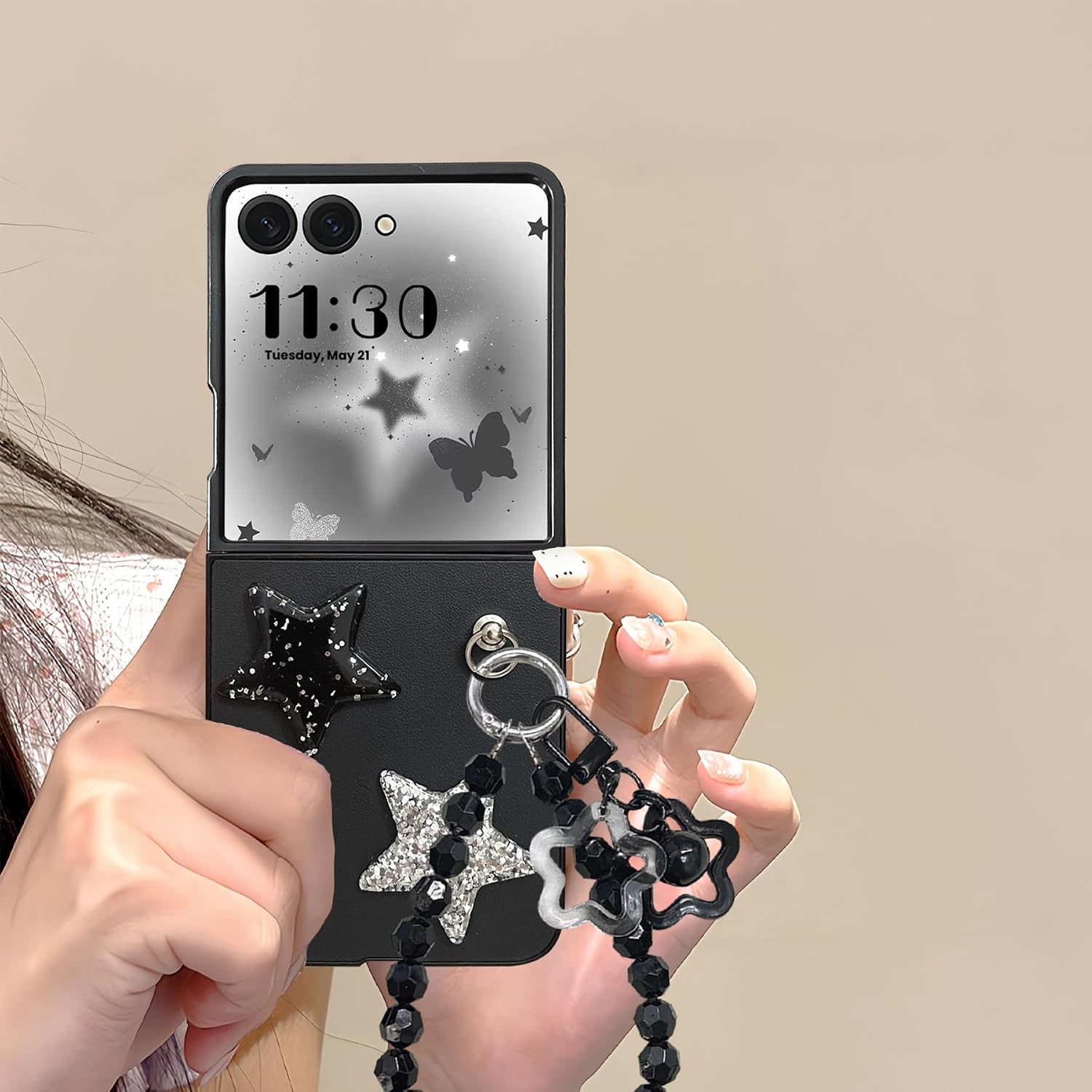 for Samsung Galaxy Z Flip 7 Case, Bling Star Phone Case Flip 7[Compatible with Star Chain], Shockproof PU Leather Black Cute Case for Galaxy Z Flip 7