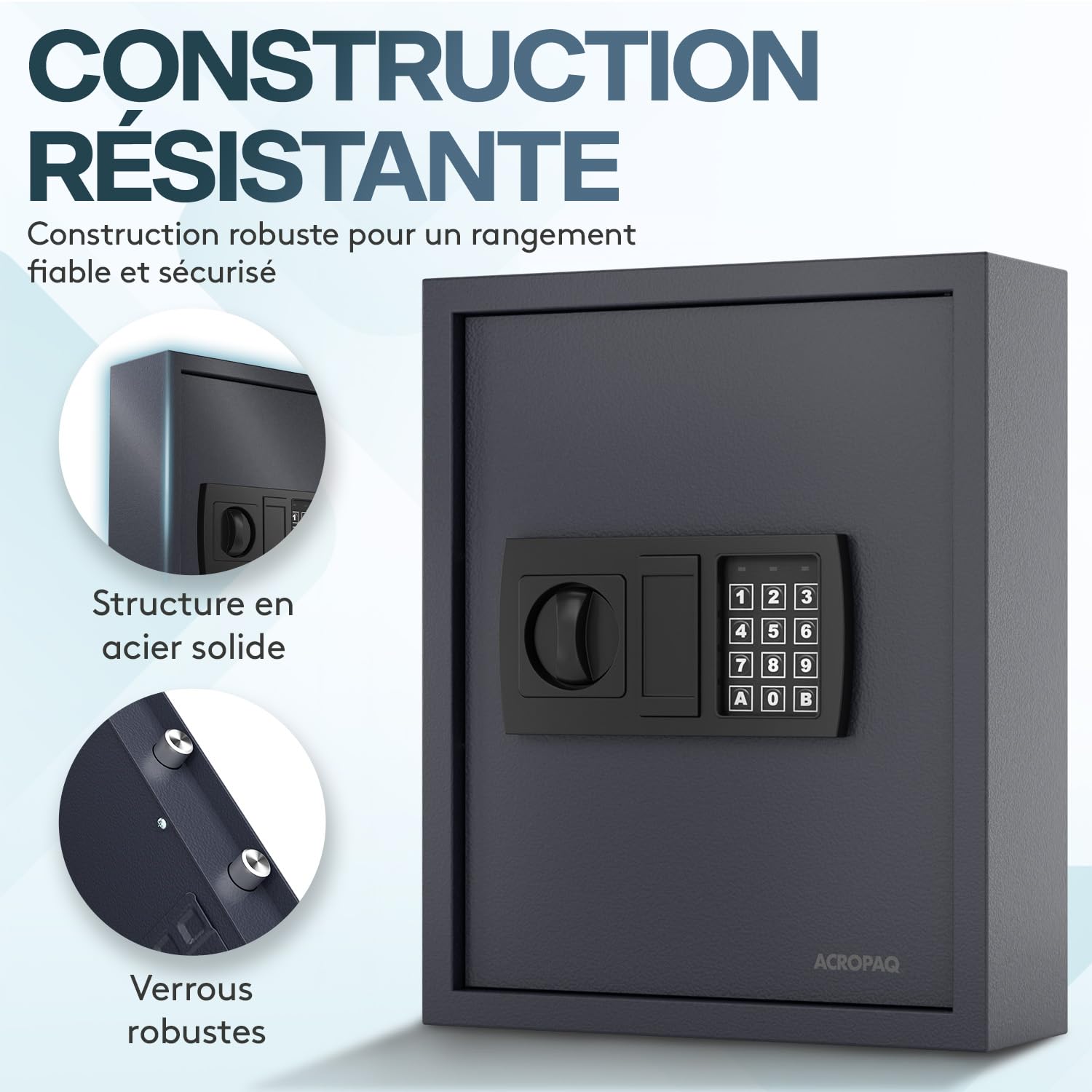 Acropaq Armoire à clés - avec Serrure électronique numérique, pour jusqu'à 48 clés, 48 pendentifs Inclus, Noir - Armoire a Clef Murale, Boite a Clef, Boite a clefs Murale