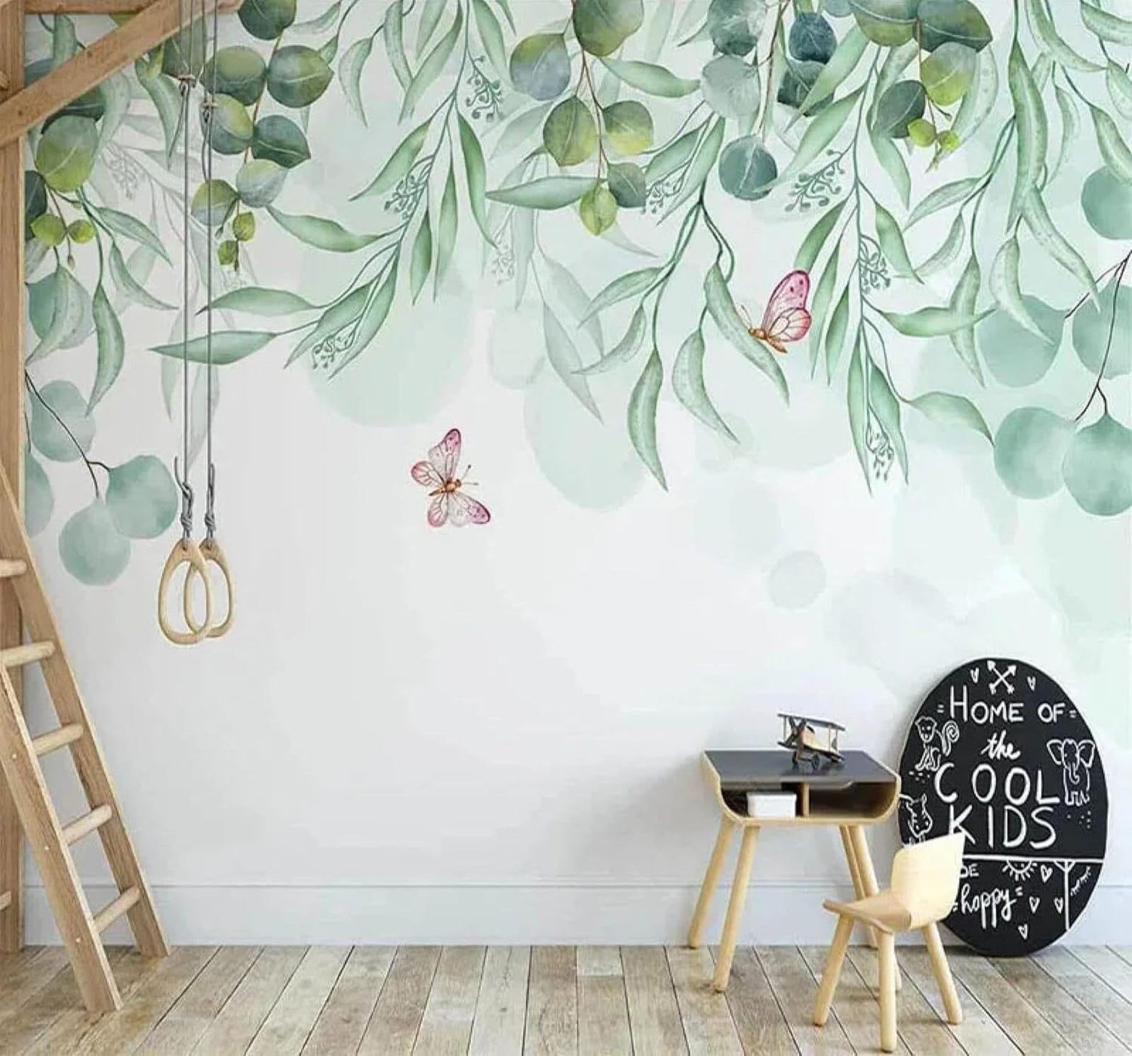 XLMING Hand Drawn Watercolour Green Leaves Vines Butterflies 3D Wallpaper Silky Texture Home Study Office Grey Dining Room Sofa Bedroom Living Room TV Backdrop-150cm×105cm