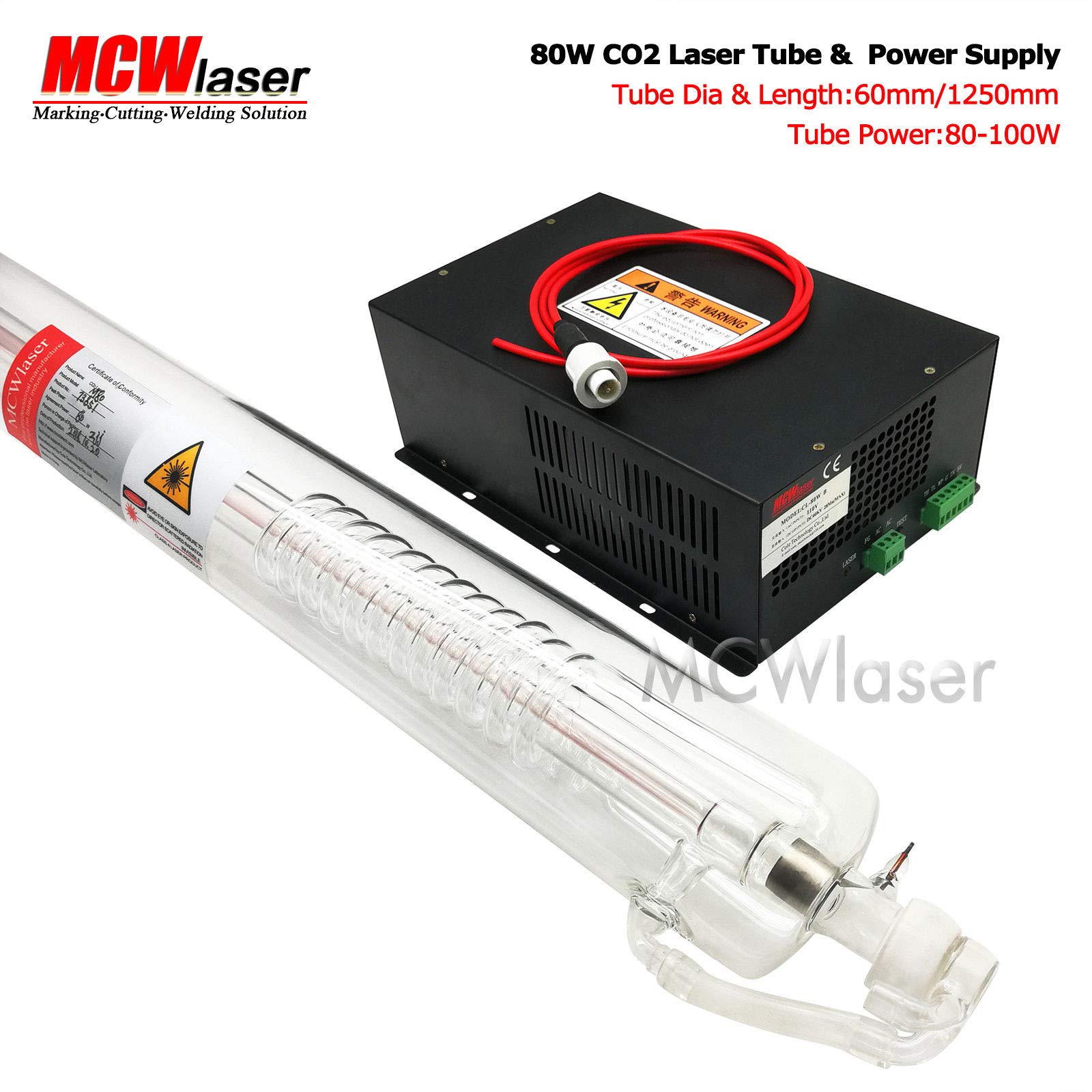 MCWlaser 80W peak 100W Co2 Laser Tube(1600mm) Industry Grade + 80W Power Supply 110V
