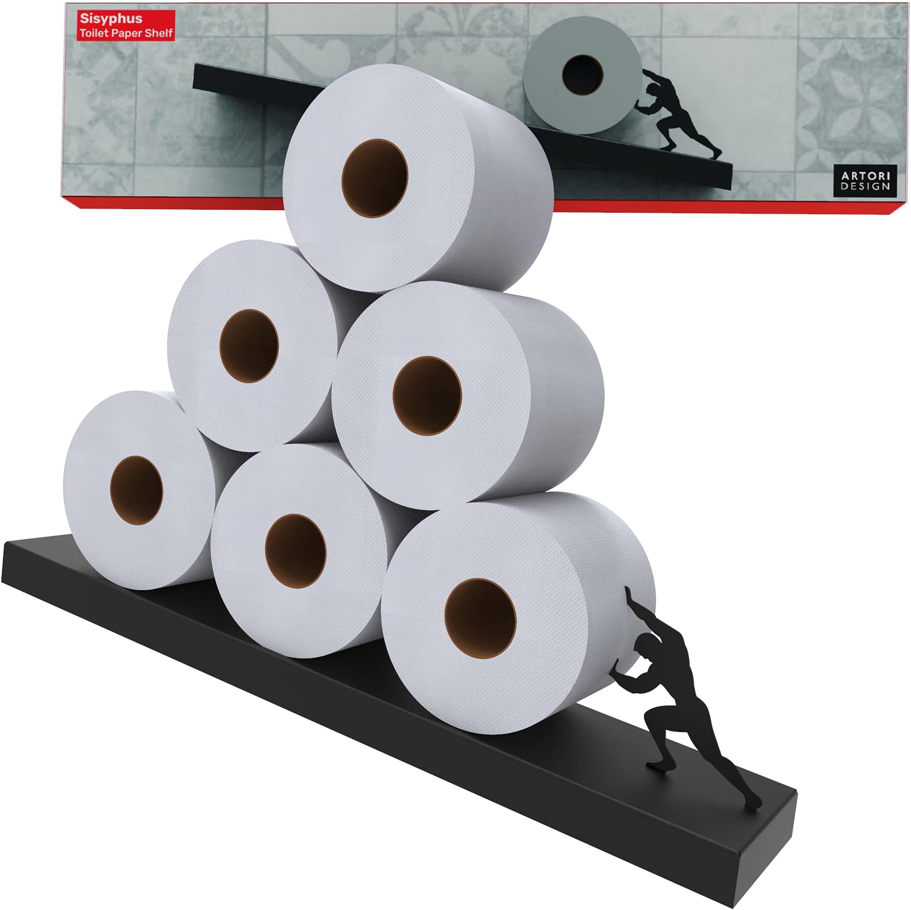 Artori Floating Toilet Paper Shelf Storage - Bathroom Wall Decorations, Tilted Wall Toilet Paper Holder, Mounted Toilet Decor Organizer for Tissue Rolls, Wipes, Towels, & More - Sisyphus Black