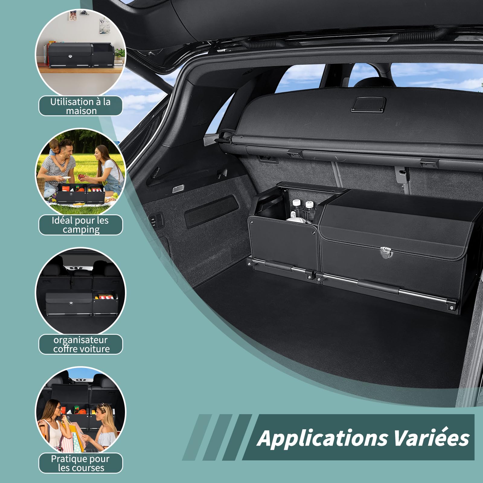 Rangement Coffre de Voiture, organisateur coffre voiture En Cuir pliable Avec Couvercle Et Poignée Robuste organisateur de coffre de voiture Et Stockage pour SUV (92 * 29 * 31cm)