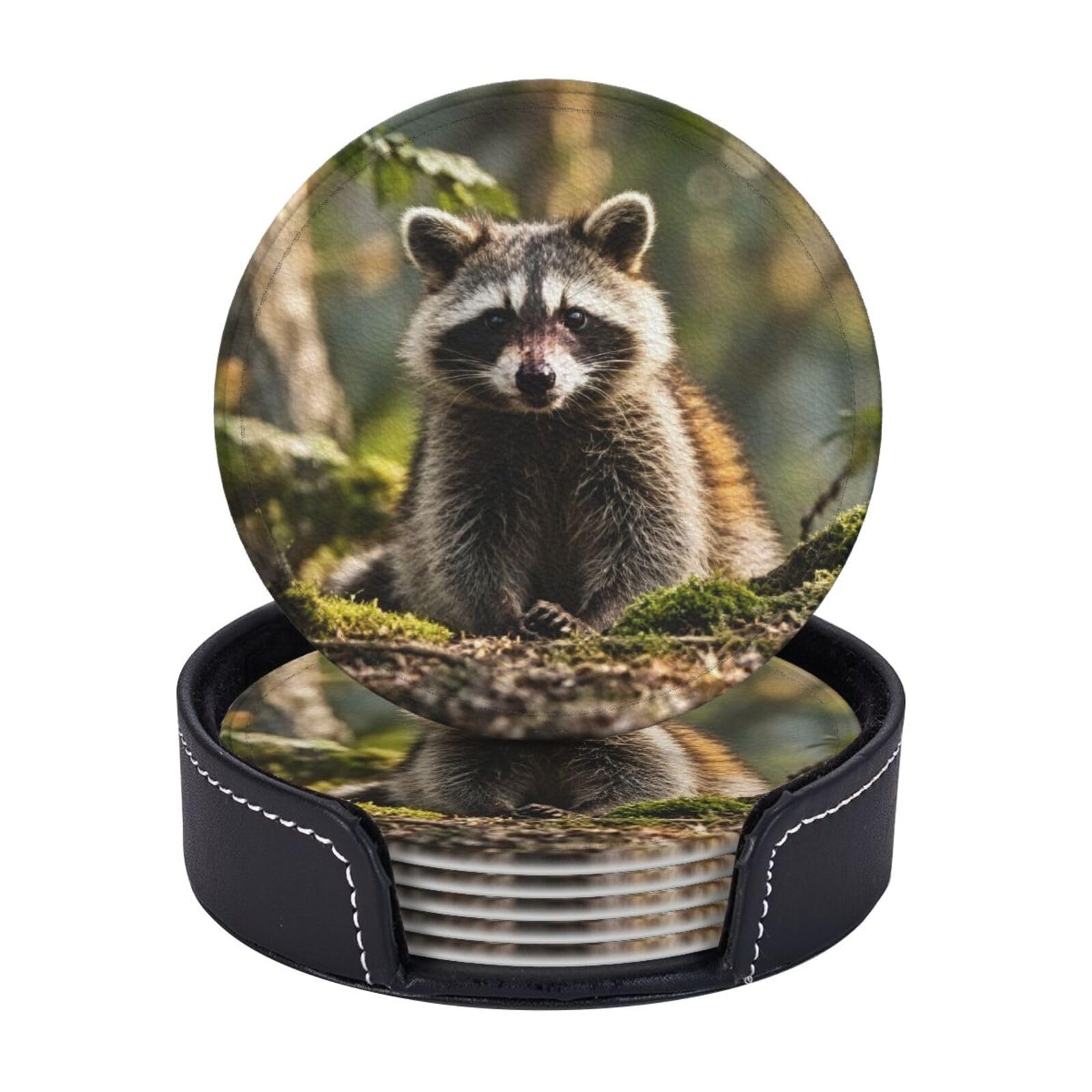 Drink Coasters 6 PCS Round Leather Coaster Woodland raccoon animal Coasters for Drinks Non-Slip Mugs Pads with Holder Personalized Cups Pad Mat for Coffee Table Kitchen 10 CM