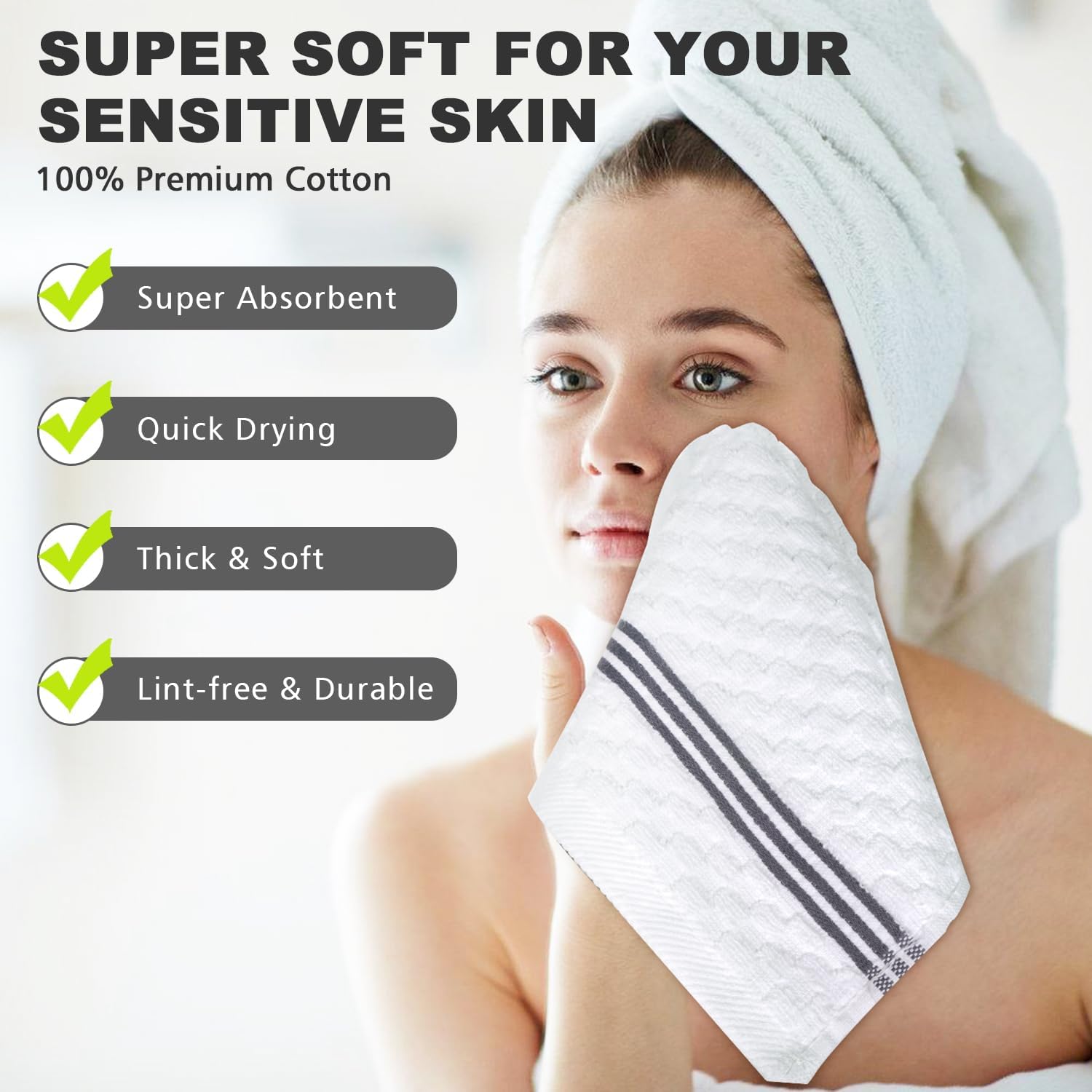 4 Pack 100% Cotton Wash Cloth, 12x12 Inch Highly Absorbent and Soft Feel Fingertip Towels, Machine Washable Washcloths for Bathroom, Gym, Hotel, Spa and Kitchen, White/Grey - Image 3