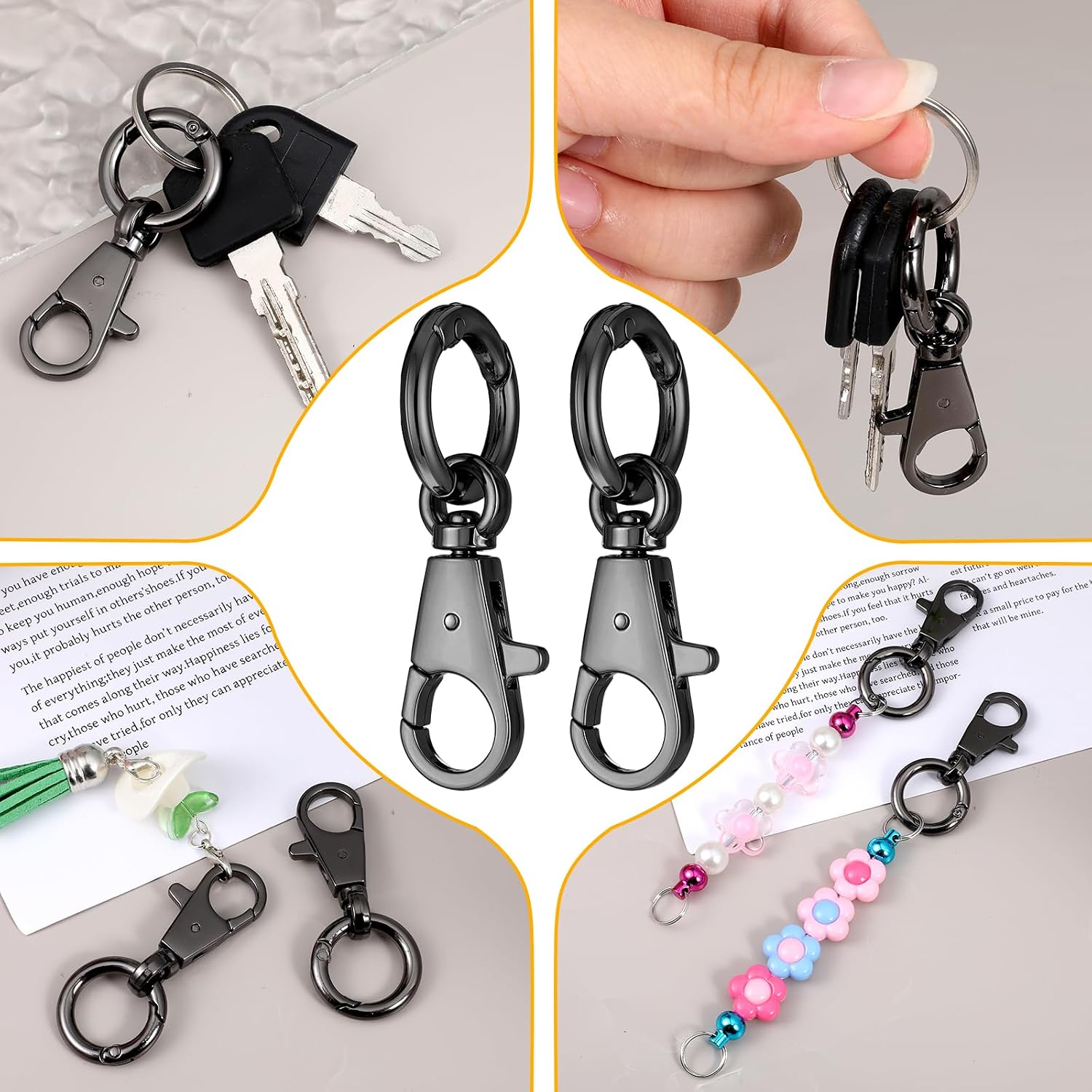 2 Pcs Double Opening Keychain Clip, Heavy Duty Zinc Alloy Swivel Lobster Clasp with Key Ring Spring Snap Hook Purse Clip for Jewelry Lanyard, DIY Crafts Purse Making Camping Travel Accessories (Black)