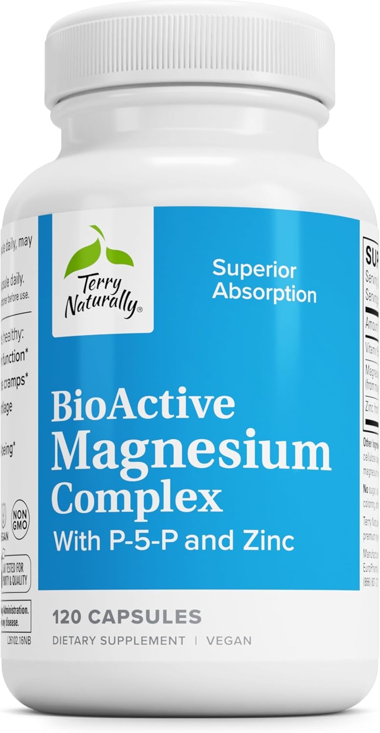 Terry Naturally BioActive Magnesium Complex – Bone & Heart Health Support – Supplement with Vitamin B6, Zinc & Magnesium – Pyridoxal-5-Phosphate Vegan Capsule Supplement – 120 Capsules