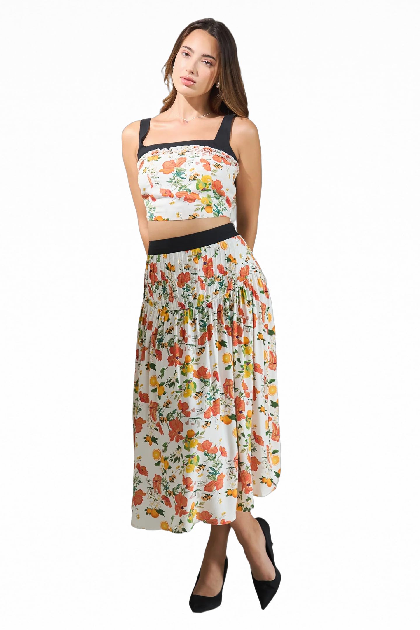 Printed Modal Multi Floral Pintuck Pleated Midi Flared Casual Skirts for Women