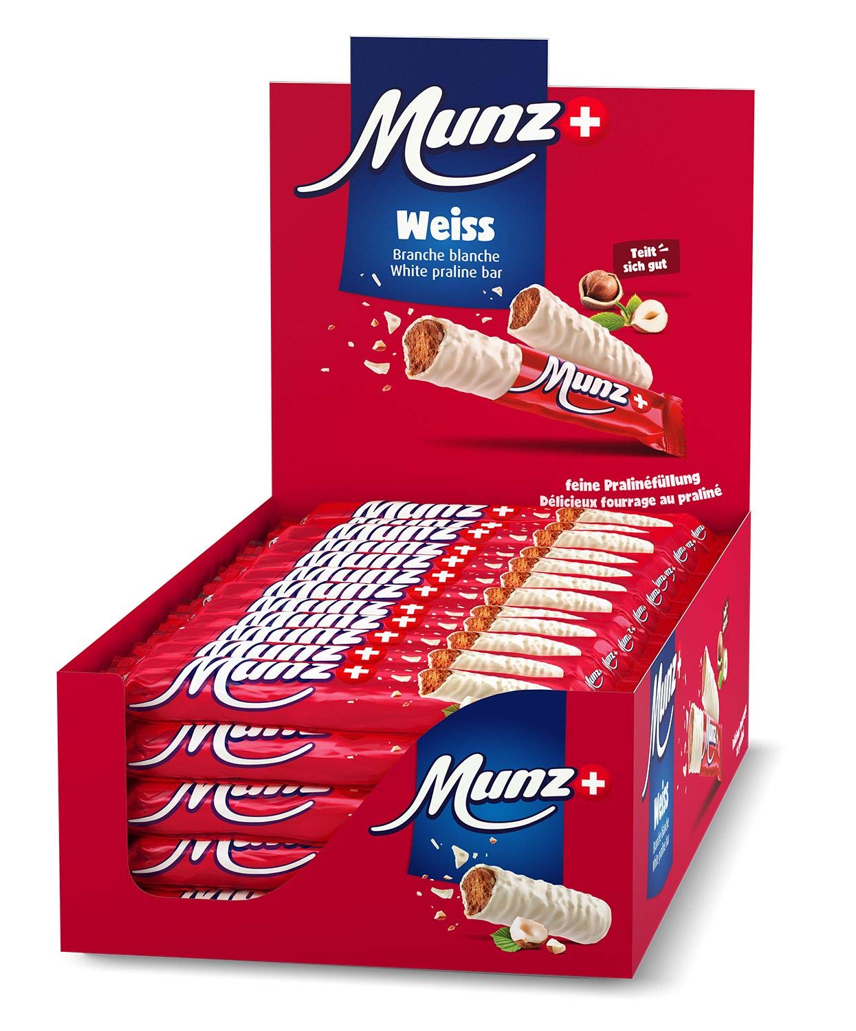 Munz Schweizer Prügeli (Branches) | Weiß | 60 Stück im Display - 1,38kg | Ohne Palmöl, glutenfrei, Schweizer Schokoriegel, einfach lecker, ein Genuss, Top-Qualität