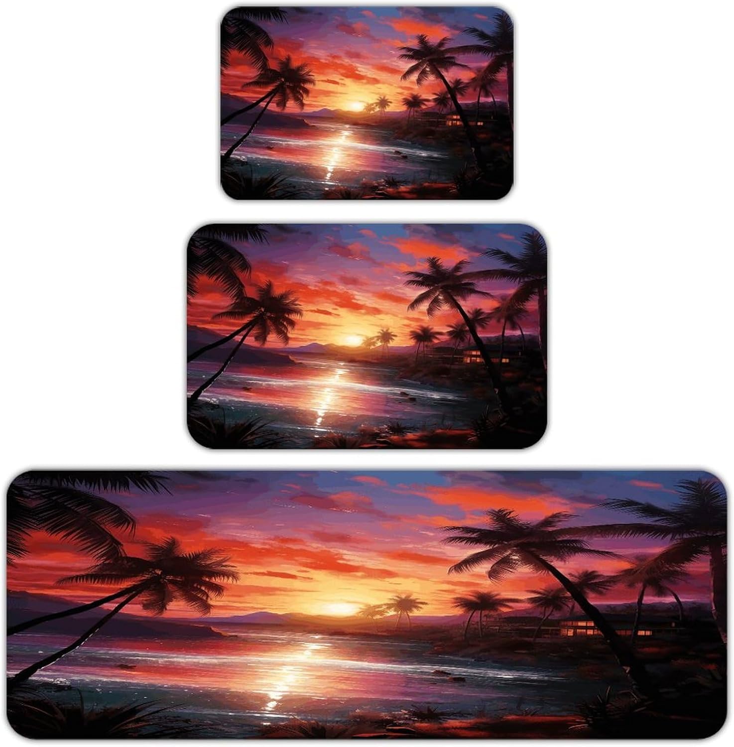 Colorful Tropical Sunset Kitchen Rugs Sets of 3 Non Slip Kitchen Mats for Floor Farmhouse Kitchen Sink Mat Thick Comfort Standing Mat for Laundry Room Hallway Bathroom