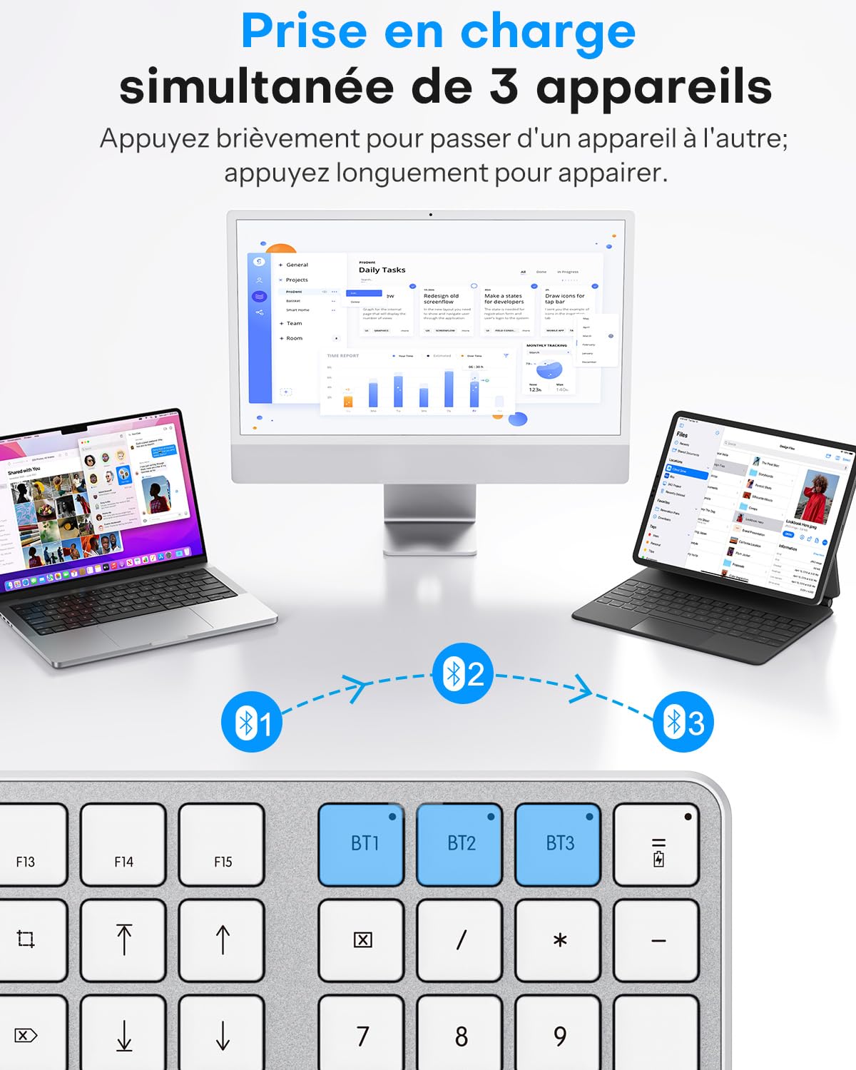 OMOTON Kit Clavier et Souris sans Fil Bluetooth pour Mac AZERTY, Argent | Rechargeable avec 3 Canaux Bluetooth, Clics Silencieux, Ultra Slim, pour Apple Mac Pro/Mini, MacBook Neo/Air, iMac, iMac Pro